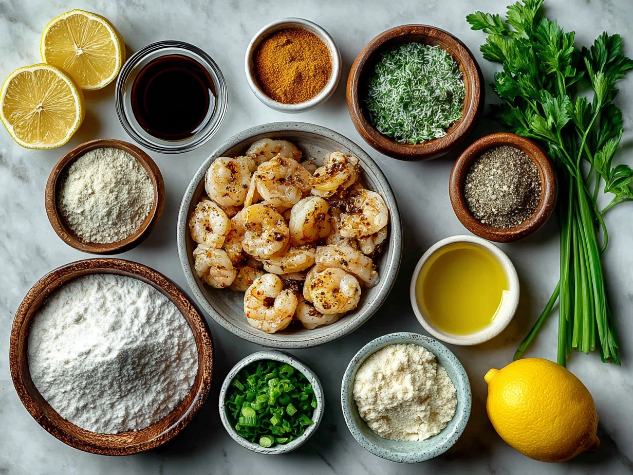 Ingredients laid out for grilled shrimp kabobs showing shrimp, peppers, seasonings, and herbs