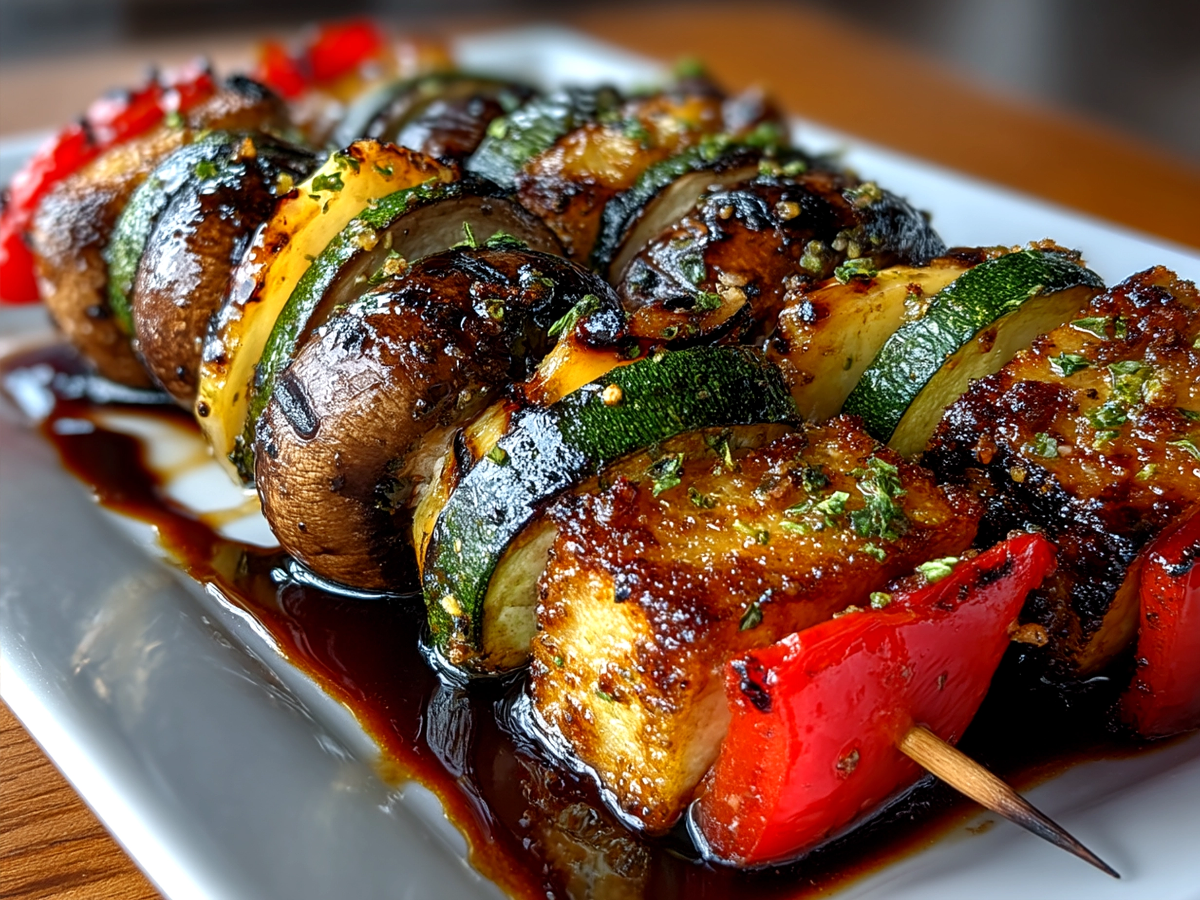 Colorful grilled vegetable skewers served on plate