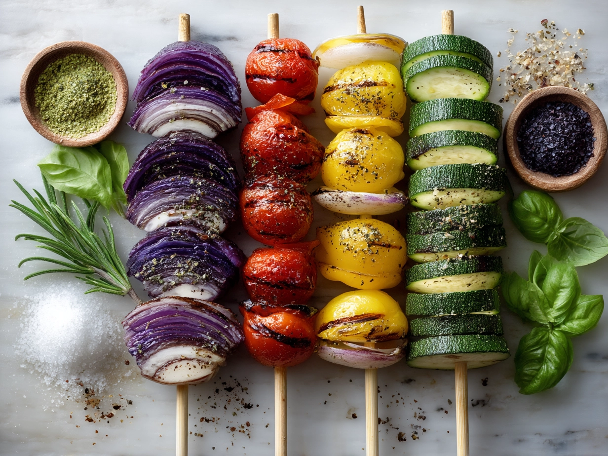 Ingredients laid out for grilled vegetable skewers