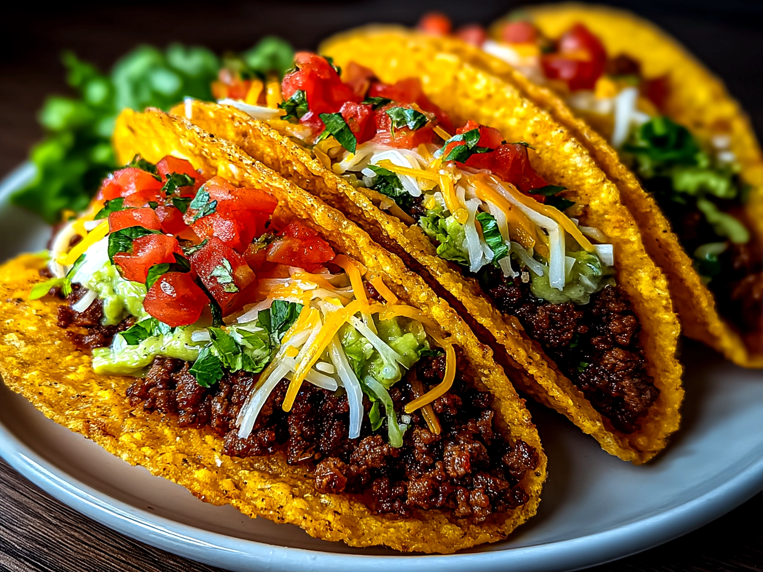 Plate of assembled Ground Beef Tacos garnished with fresh vegetables and lime wedges