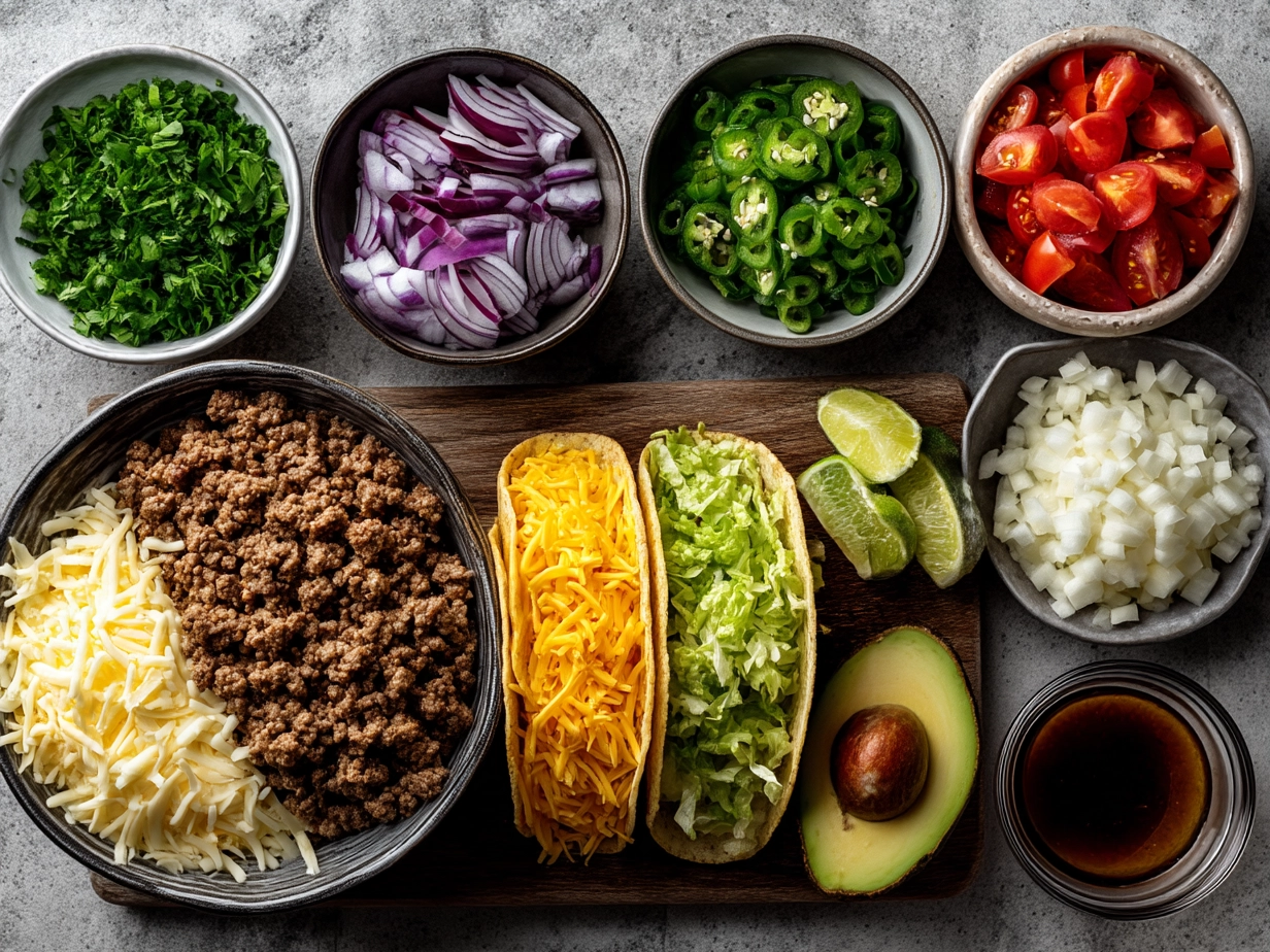 Ingredients for Ground Beef Tacos laid out on a wooden table including ground beef, spices, tortillas, and fresh toppings