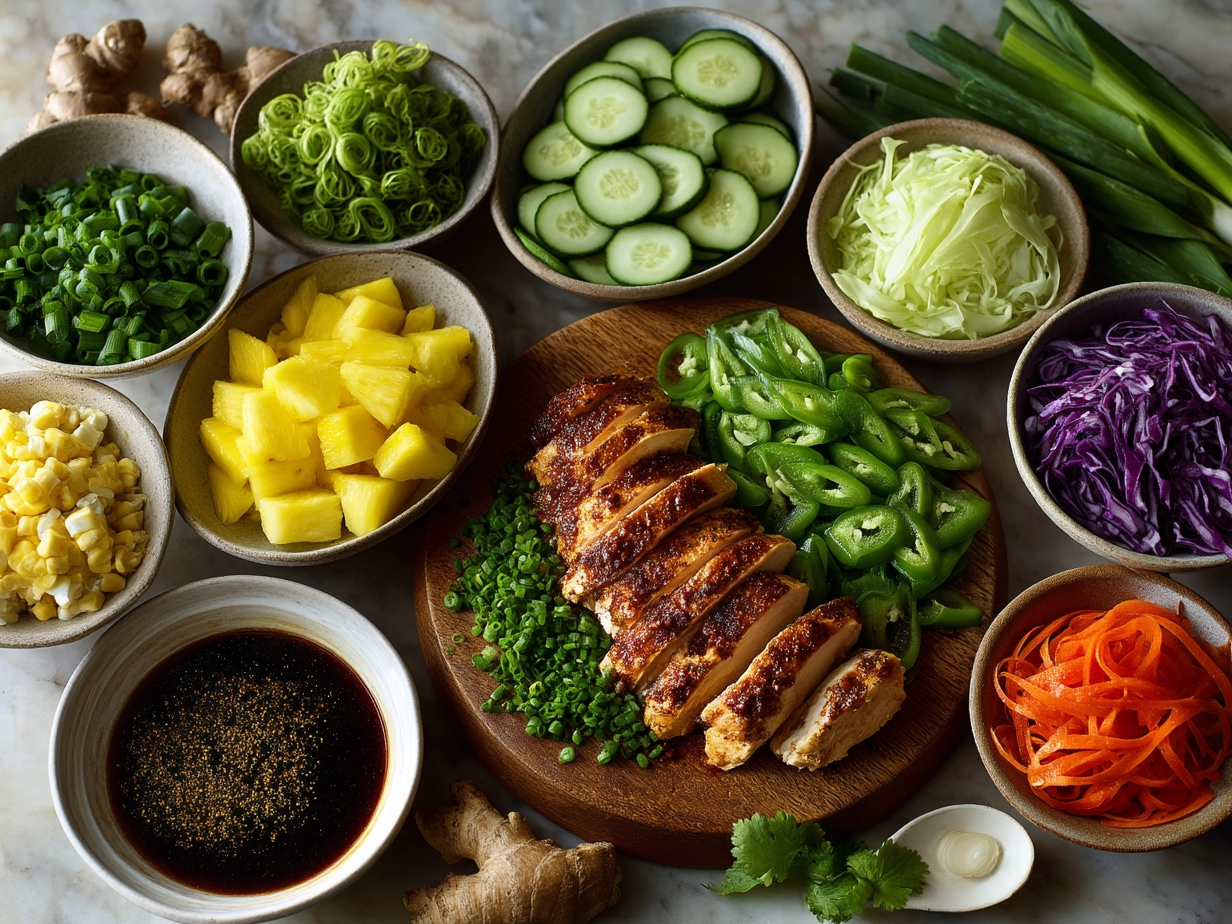 Ingredients for Hawaiian BBQ Chicken including pineapple juice, soy sauce, garlic, brown sugar, and chicken thighs