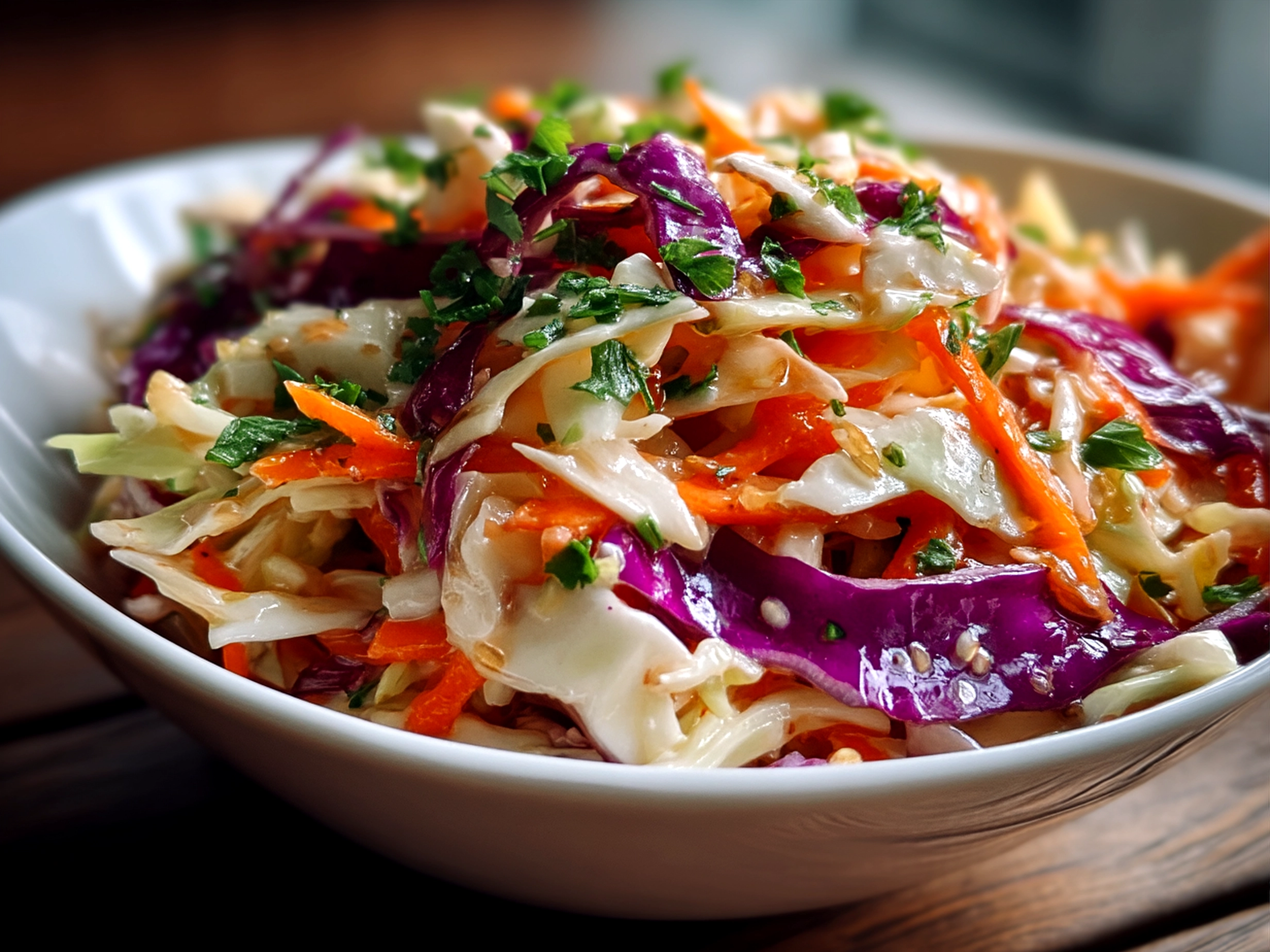 Colorful Hawaiian coleslaw served in a glass bowl garnished with green onions