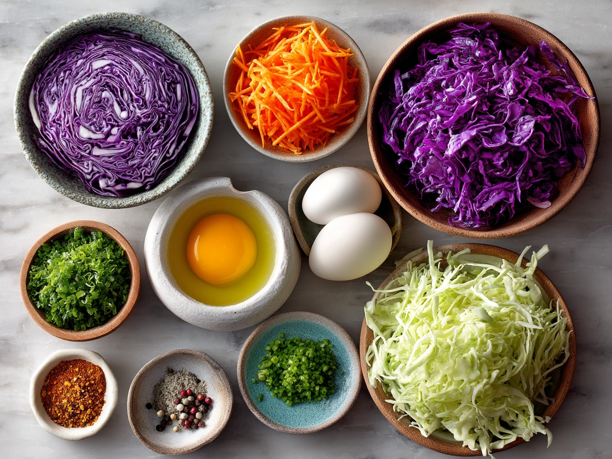 Ingredients laid out for Hawaiian Coleslaw including cabbage, pineapple, carrot, and dressing ingredients