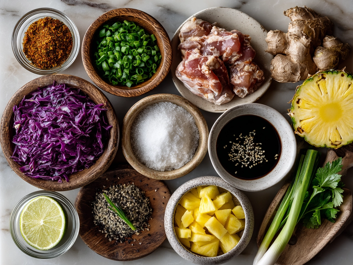 Ingredients for Hawaiian Teriyaki Chicken Thighs laid out on a kitchen counter