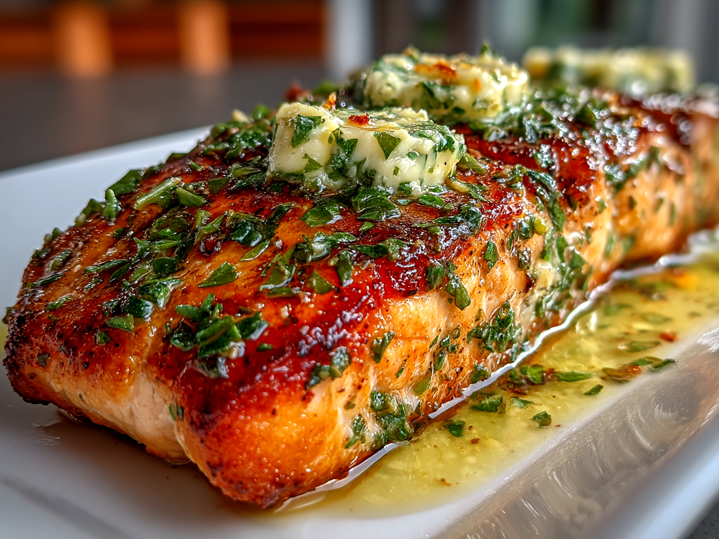 Herb Butter Grilled Salmon plated with lemon wedge and side salad