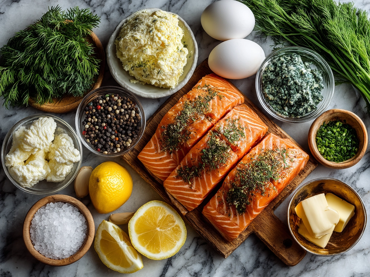 Ingredients arranged for Herb Butter Grilled Salmon including salmon fillets, herbs, butter, garlic, lemon and spices