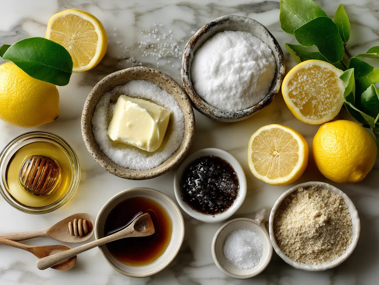 Ingredients for Homemade Fresh Squeezed Lemonade including fresh lemons, sugar, and water