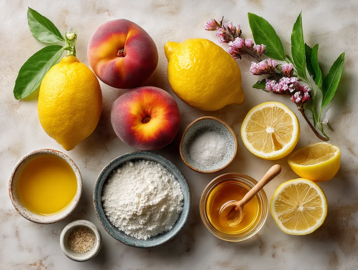 Ingredients for homemade peach lemonade including fresh peaches, lemons, sugar, and water