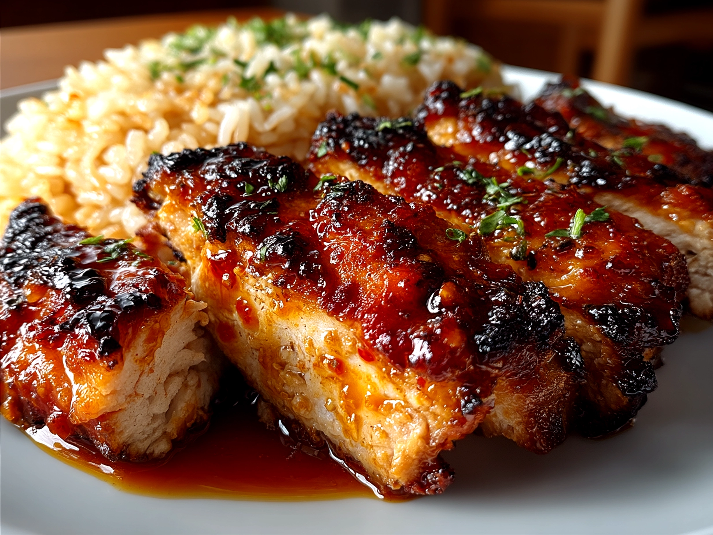 Served Honey BBQ Chicken Rice Bowl garnished with fresh herbs