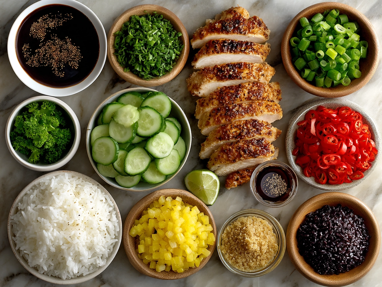 Ingredients for Honey BBQ Chicken Rice including chicken, rice, honey, BBQ sauce, and spices