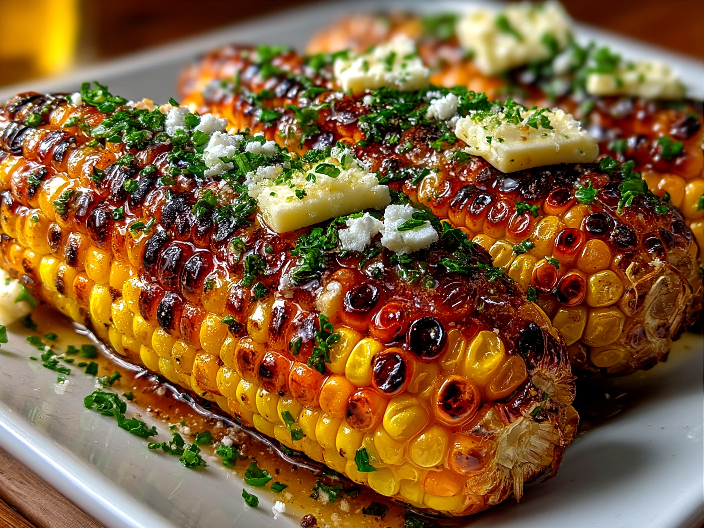 Beautifully served Honey Butter Grilled Corn garnished with fresh herbs and lime wedges