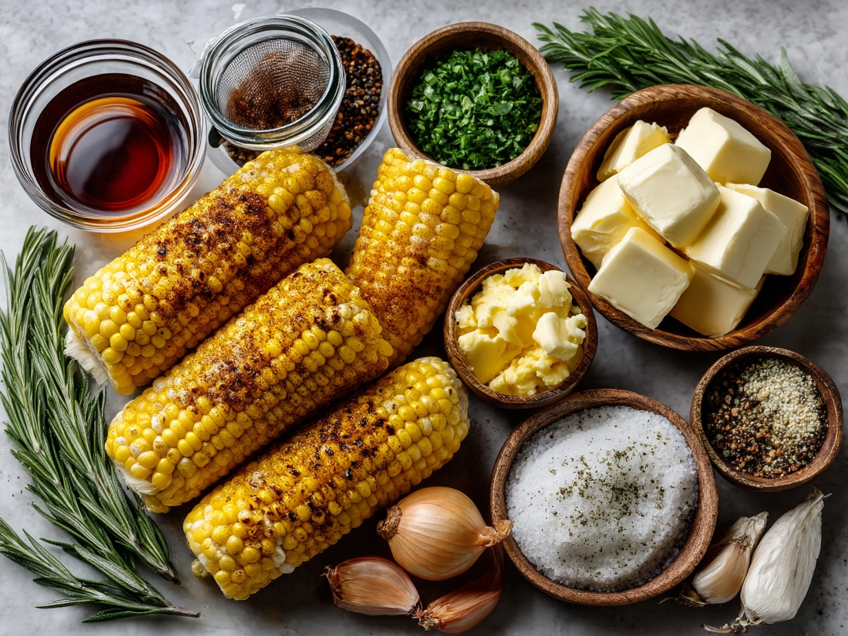 Ingredients to make Honey Butter Grilled Corn including corn, butter, honey, paprika, and herbs