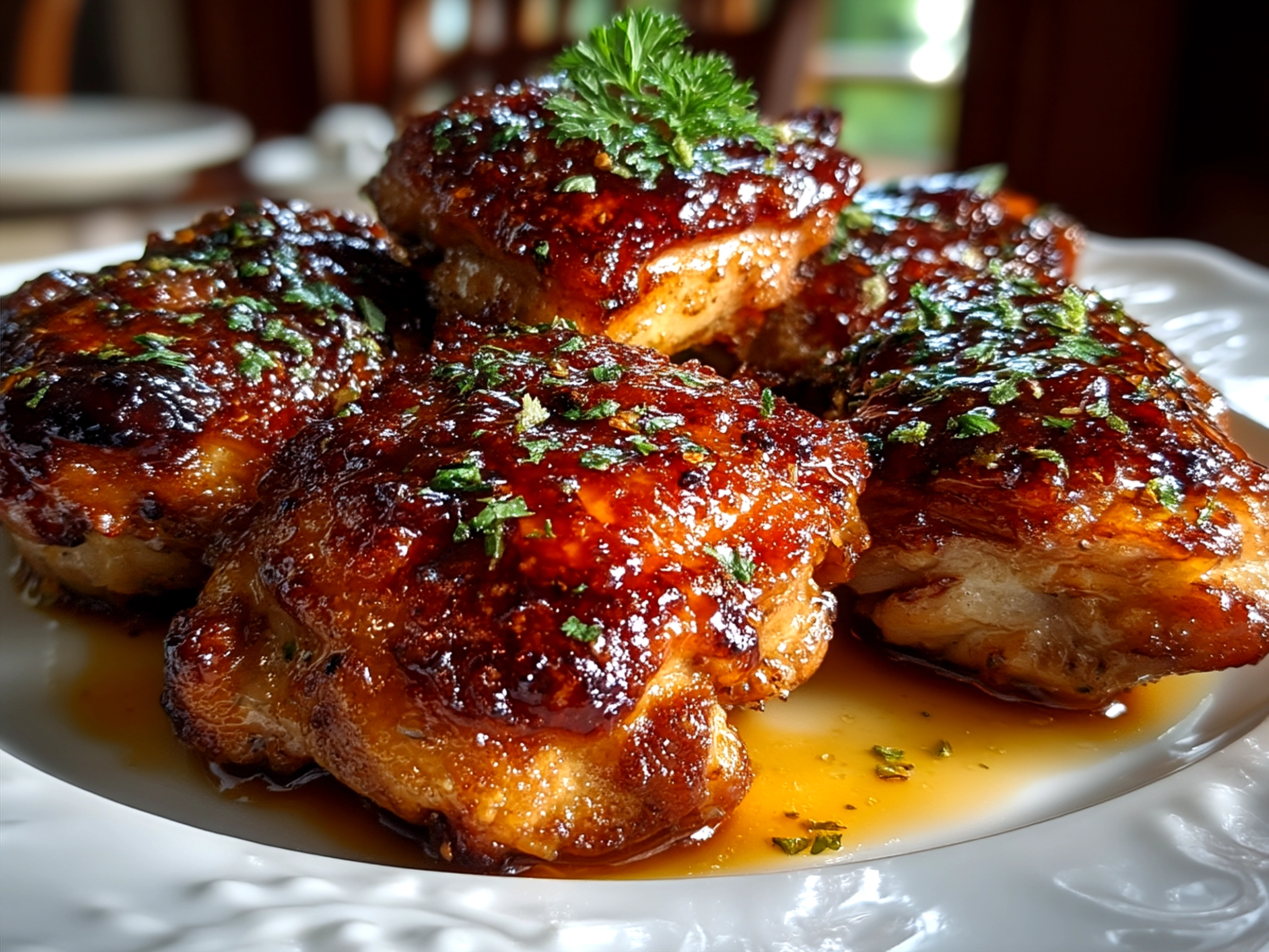 Plated Honey Garlic BBQ Chicken Thighs with sides