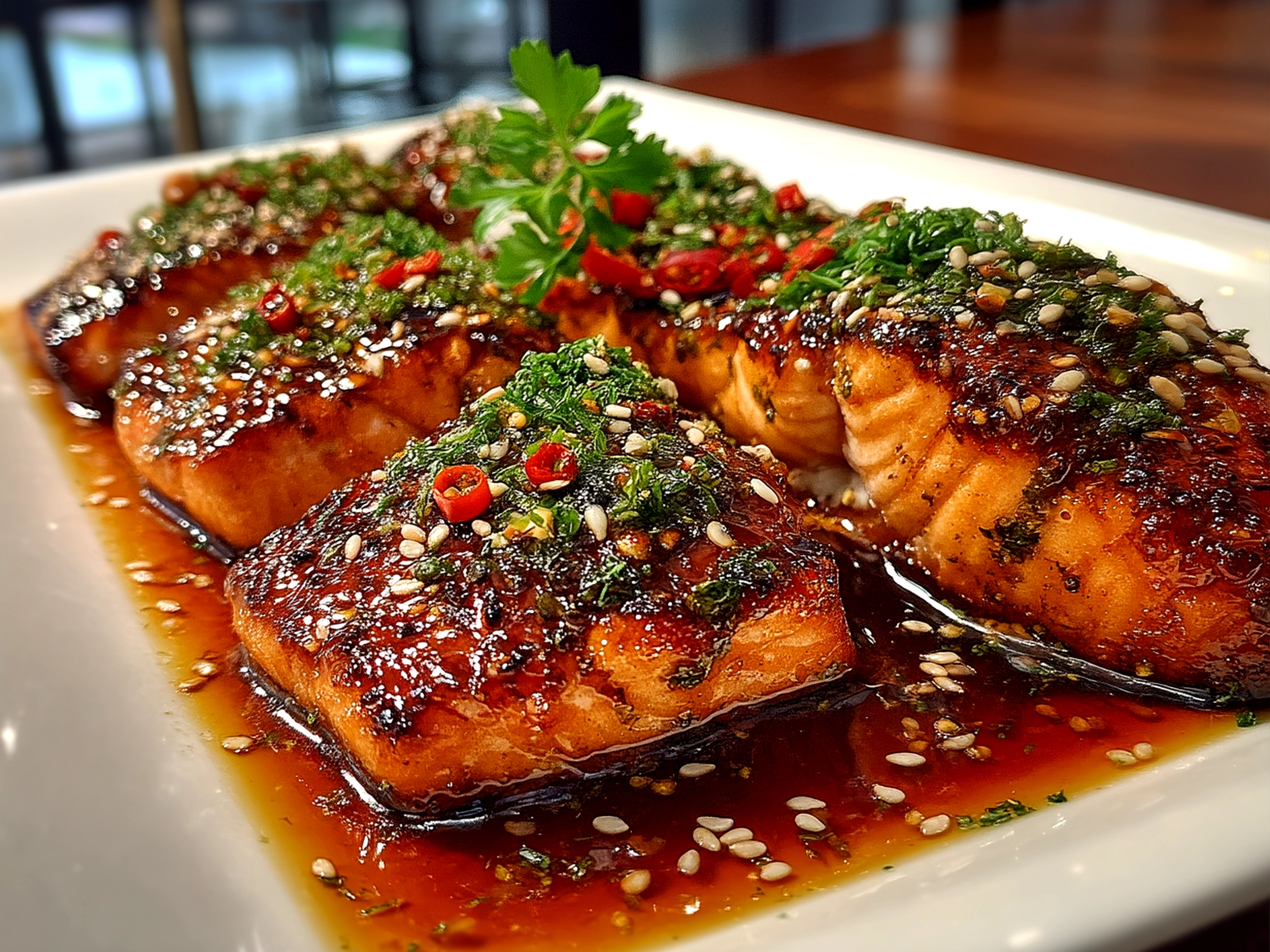 Perfectly plated honey garlic salmon served with rice and vegetables