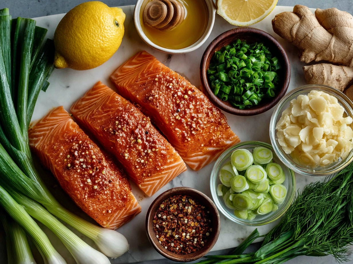Ingredients for Honey Garlic Salmon including fresh salmon fillets, honey, garlic, soy sauce, olive oil, lemon, and seasonings