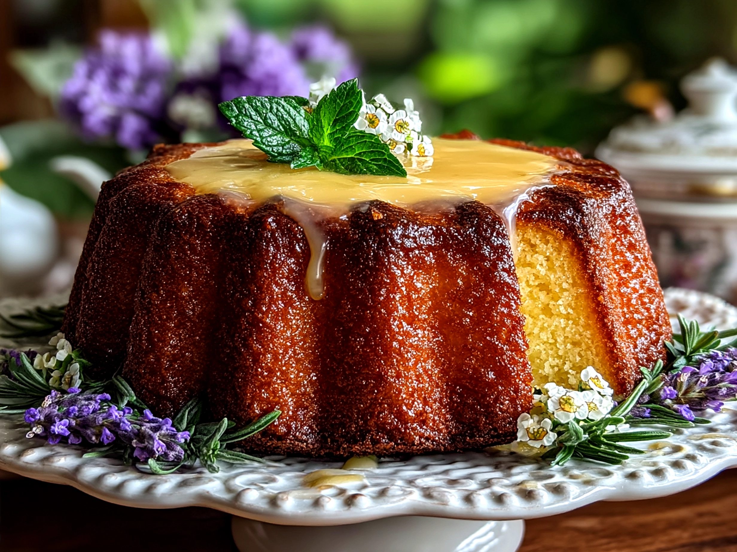A slice of Honey Lavender Cake garnished with lavender buds