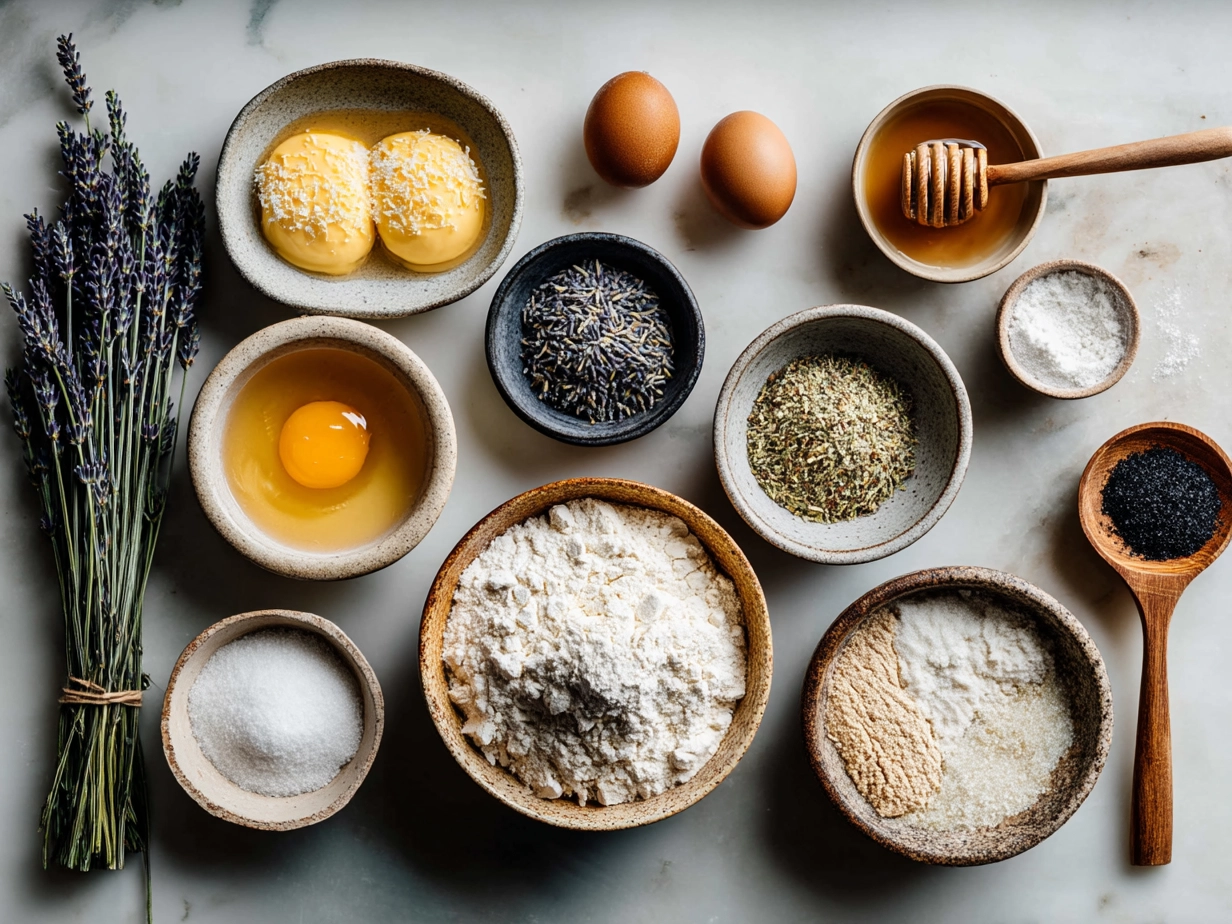 Ingredients for Honey Lavender Cake laid out on a table