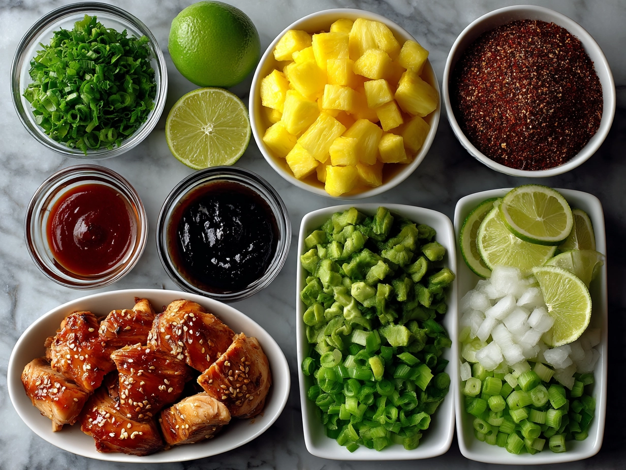 Ingredients for Huli Huli Chicken including chicken thighs, soy sauce, brown sugar, ketchup, pineapple juice, vinegar, garlic, ginger, sesame oil, red pepper flakes, and vegetable oil