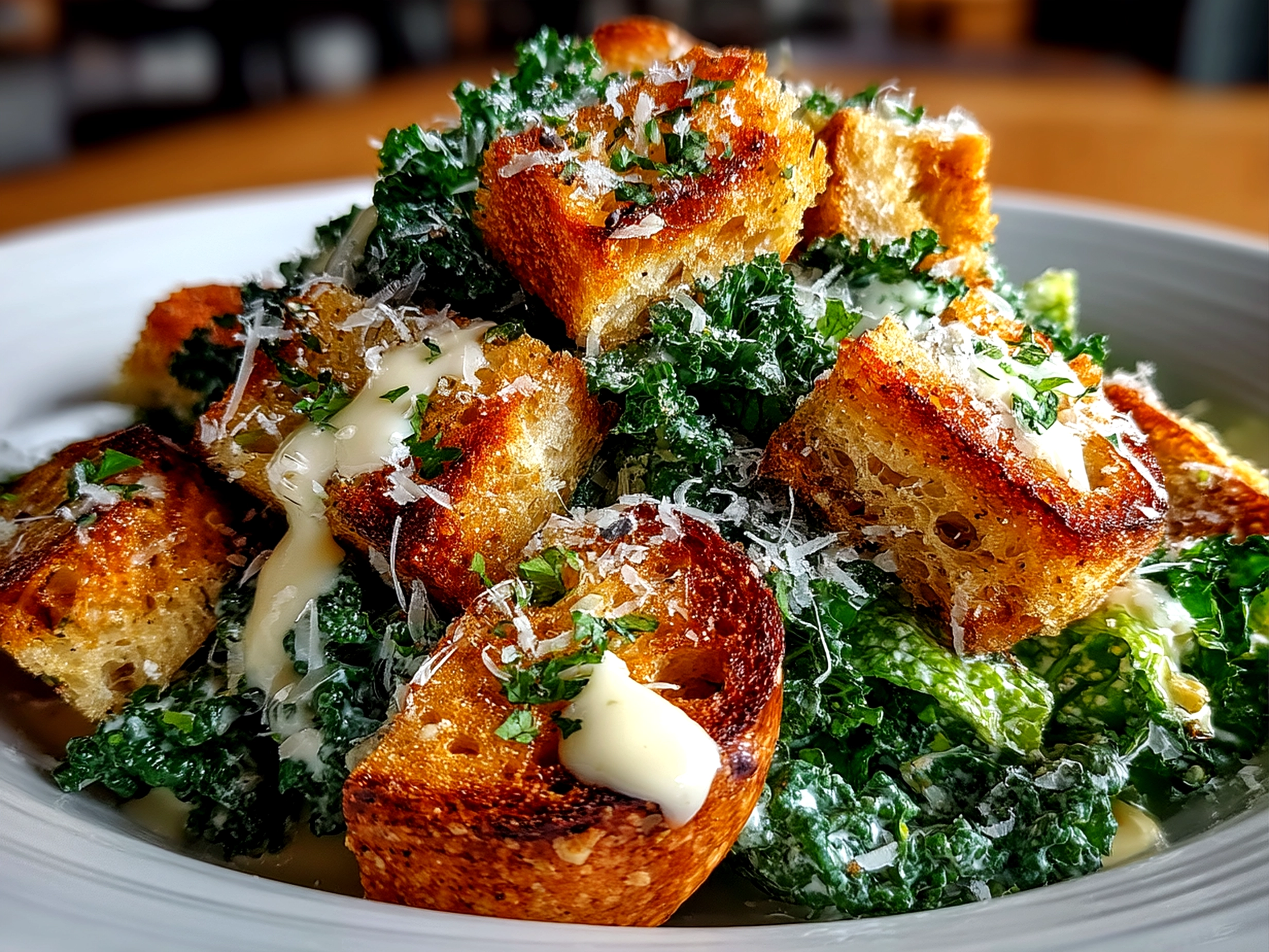 Freshly prepared Kale Caesar Salad ready to serve