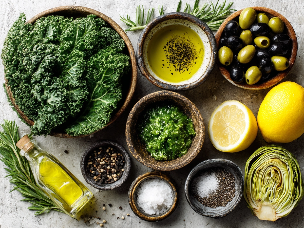 Ingredients laid out for making Kale Caesar Salad