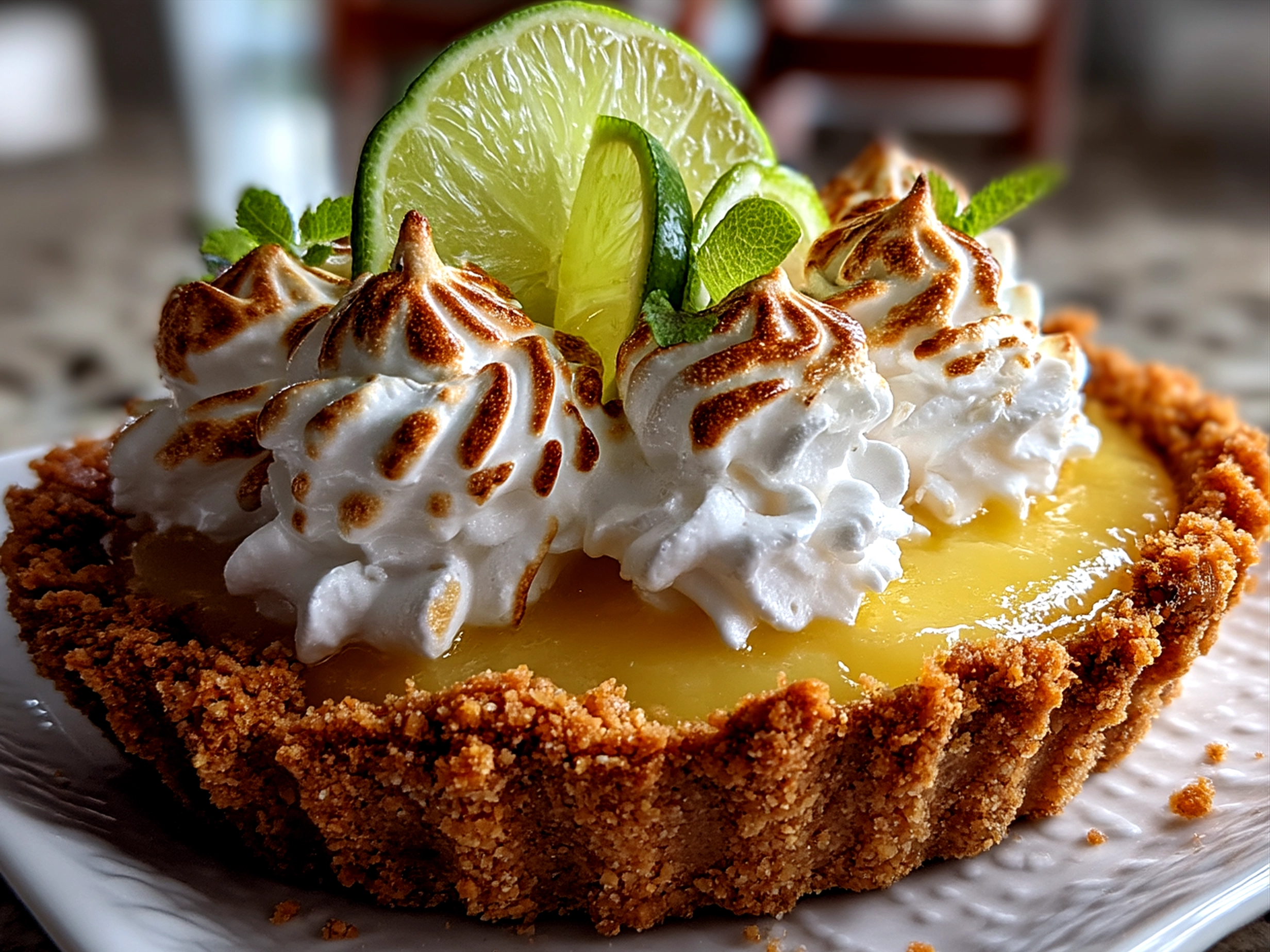 A slice of classic Key Lime Pie topped with whipped cream and lime zest