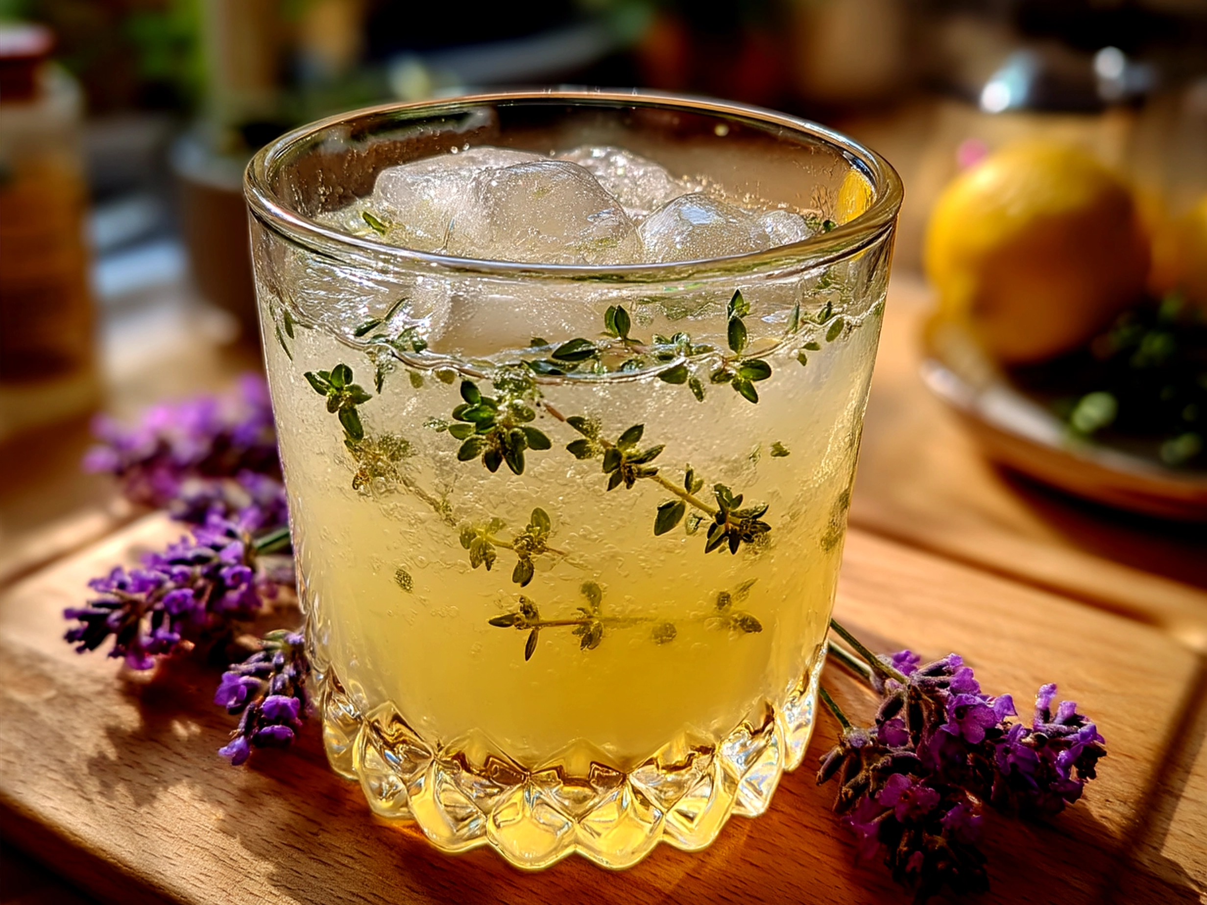 Chilled lavender lemonade served in a mason jar with lemon slices and lavender sprig garnish
