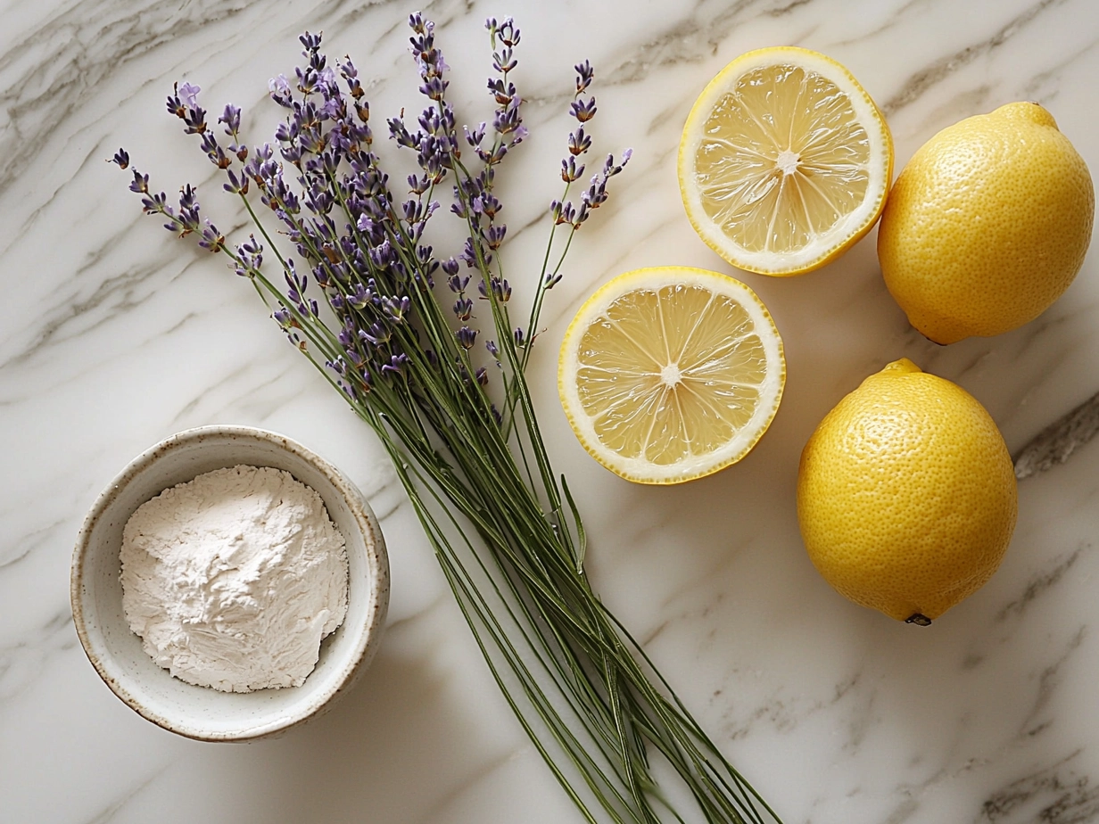 Ingredients for lavender lemonade including lemons, lavender buds, sugar, and water