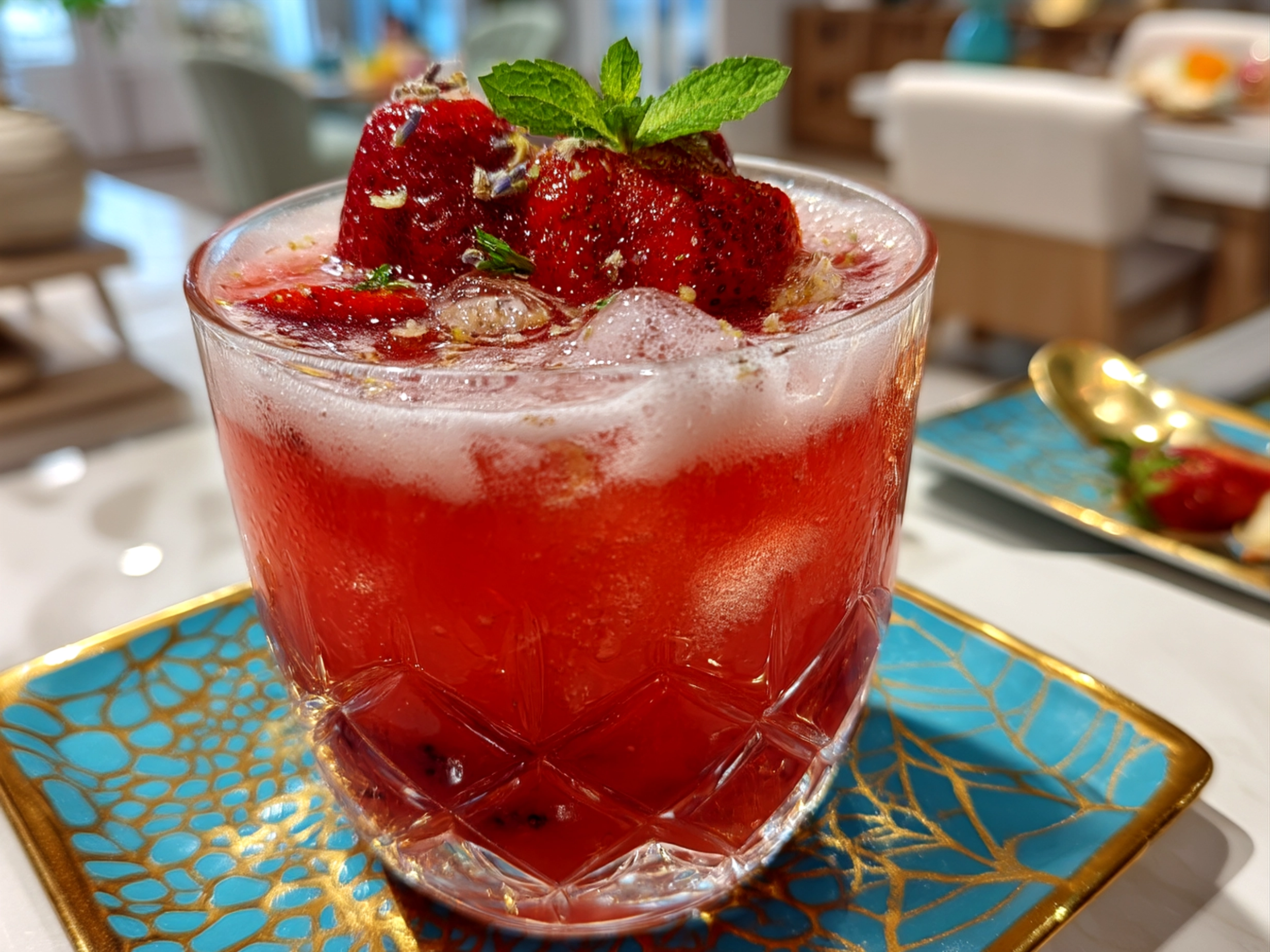 Served Lavender Strawberry Lemonade in glass with fresh strawberries, lemon slices, and lavender garnish