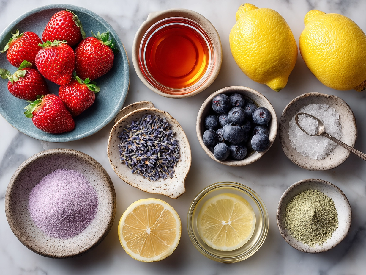 Ingredients for making Lavender Strawberry Lemonade with fresh strawberries, lemons, lavender, sugar, and water