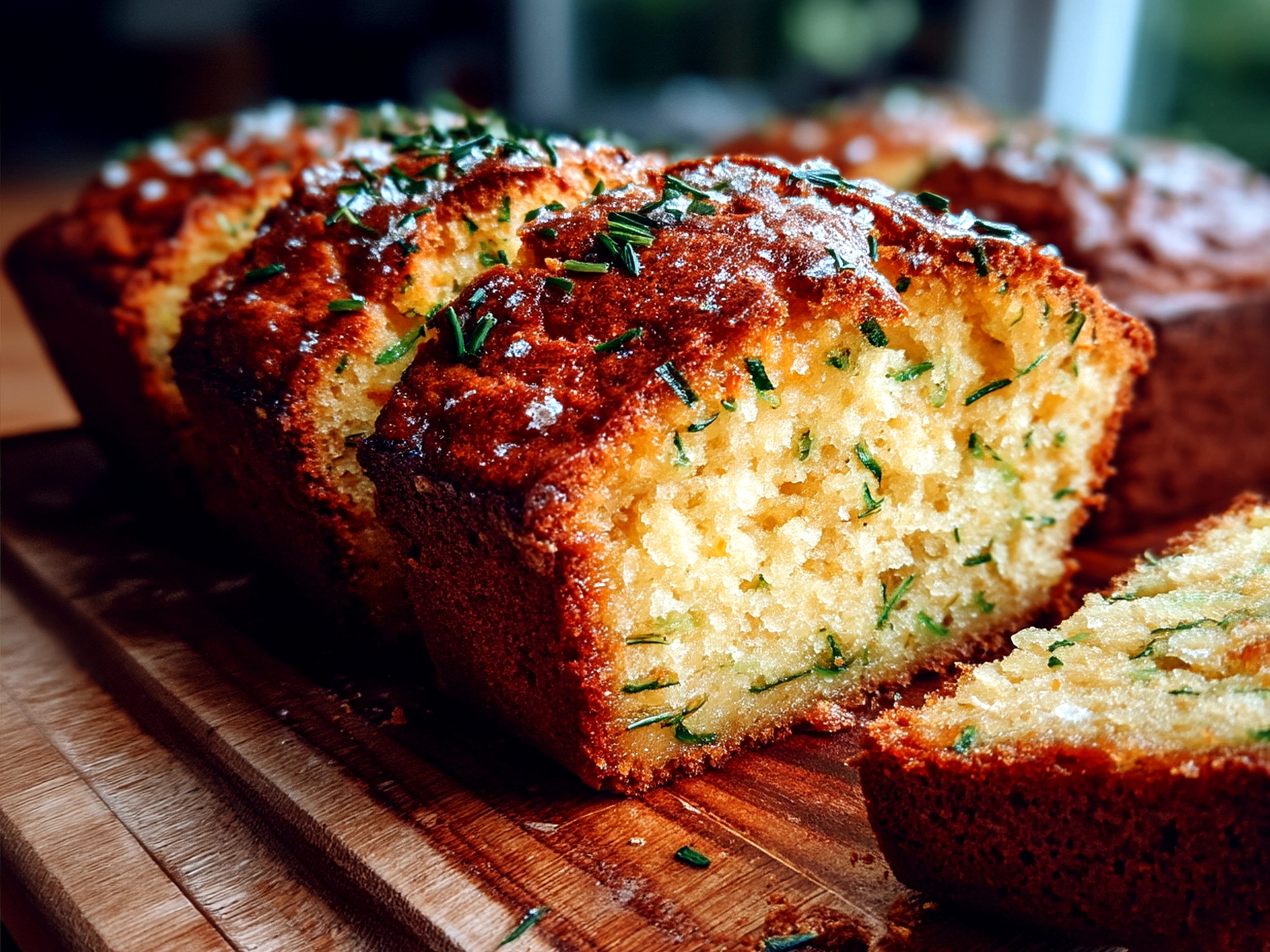 Sliced lemon zucchini bread served on a wooden board with lemon wedges and fresh zucchini