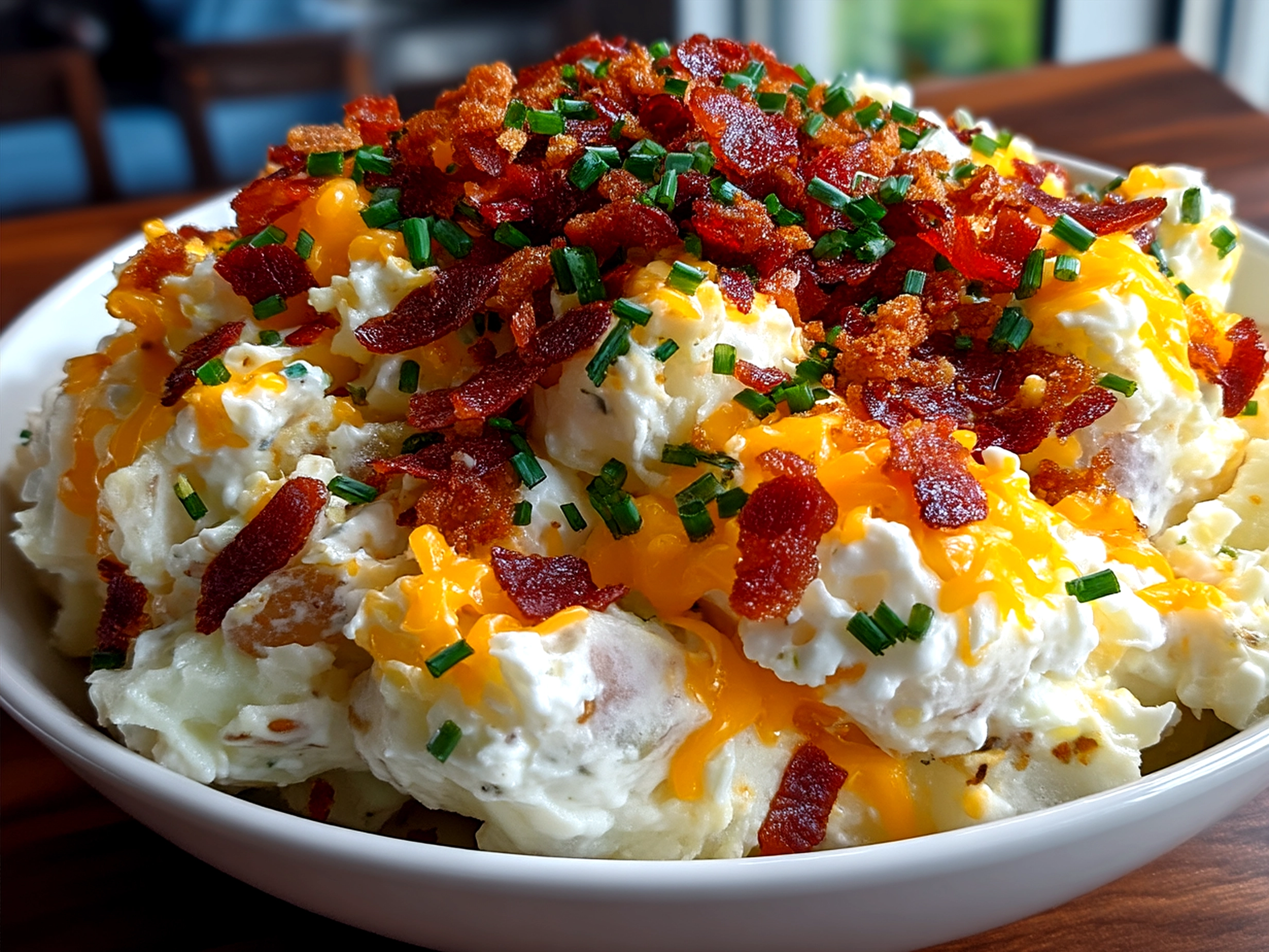 Loaded Cheddar Potato Salad served in a rustic bowl garnished with chives and crispy onions