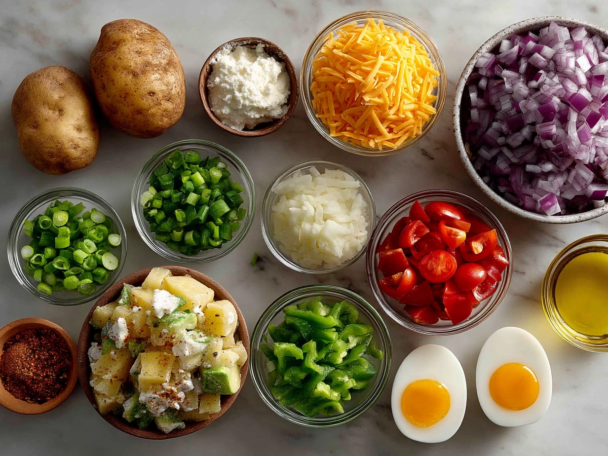 Ingredients for Loaded Cheddar Potato Salad including diced potatoes, shredded cheddar, bacon, and green onions