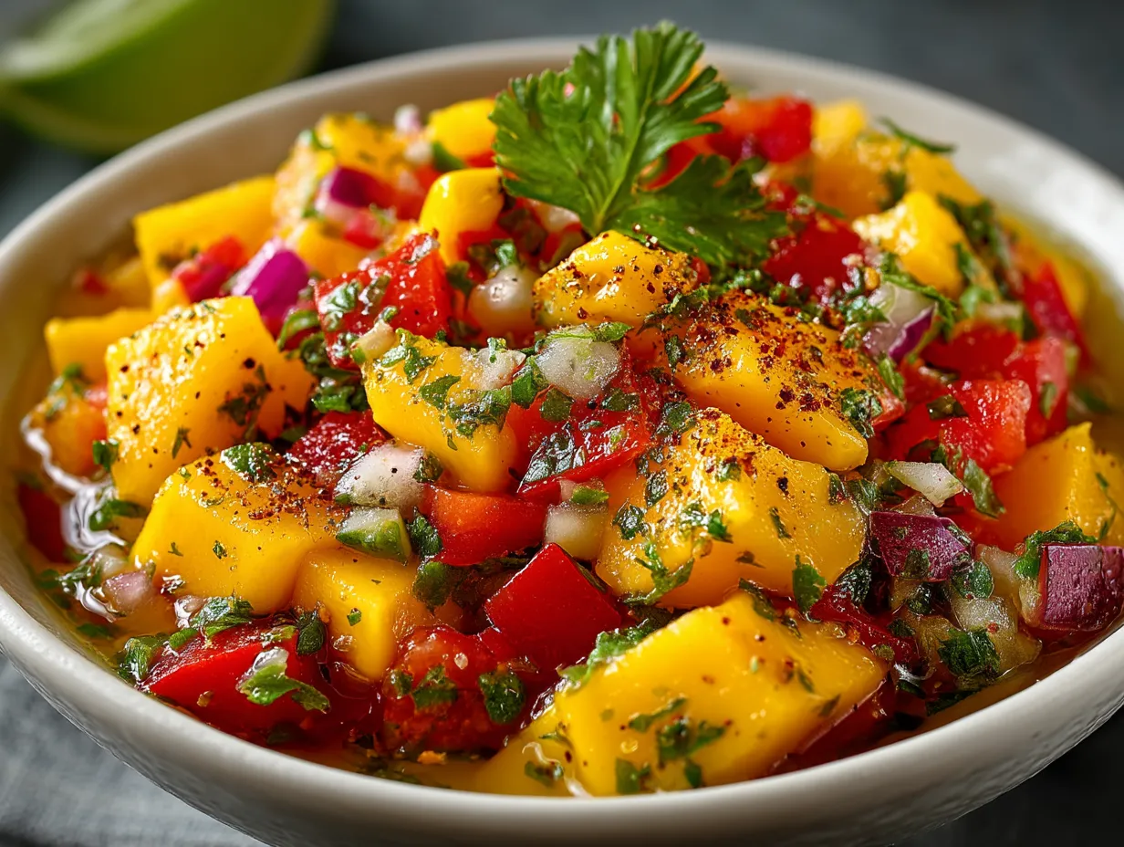 Fresh mango corn salsa served in a clear glass bowl garnished with lime and cilantro
