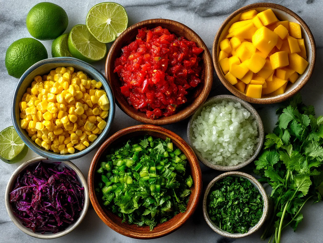 Fresh ingredients for mango corn salsa with mangoes, corn, peppers, onion, and lime