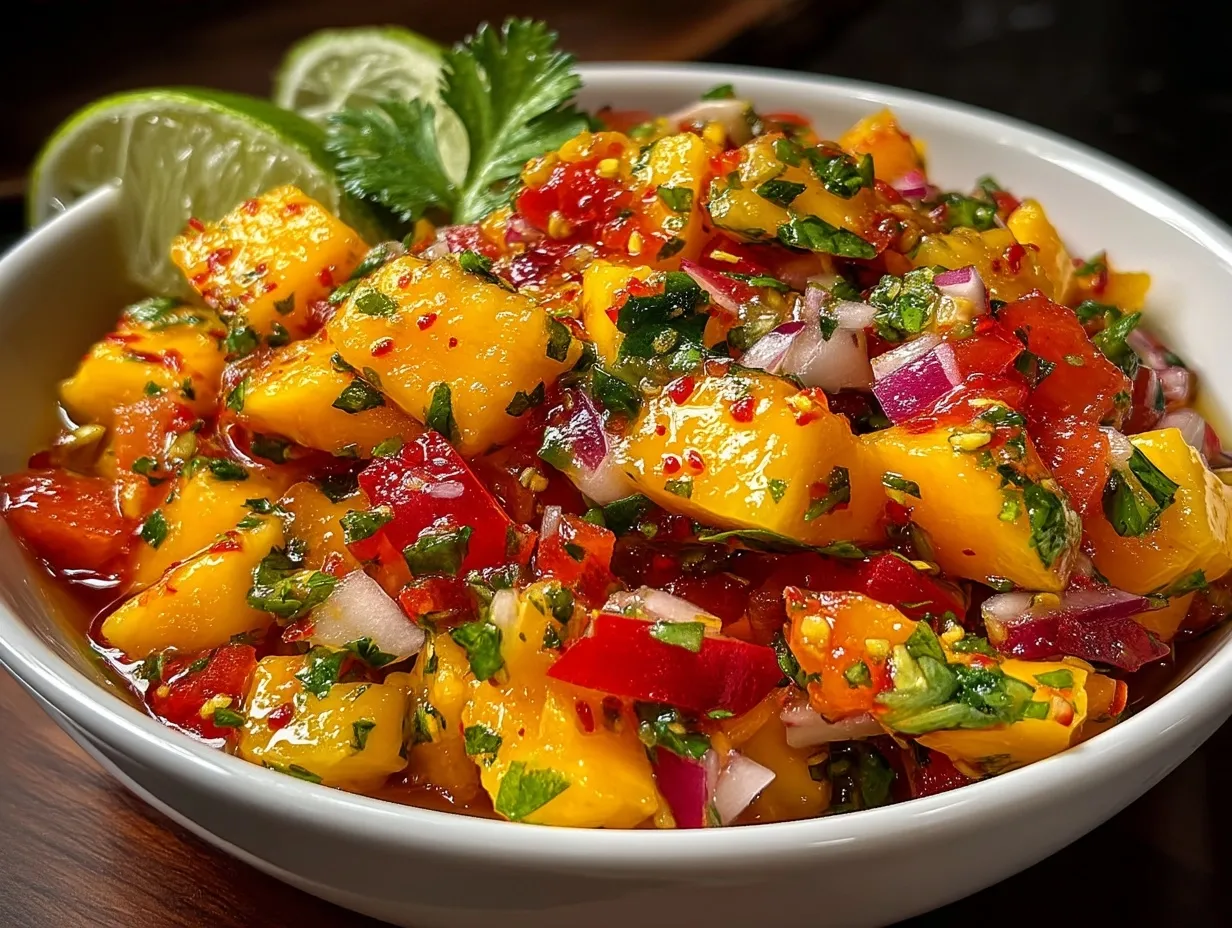 Bright and colorful mango salsa served in a bowl with fresh herbs