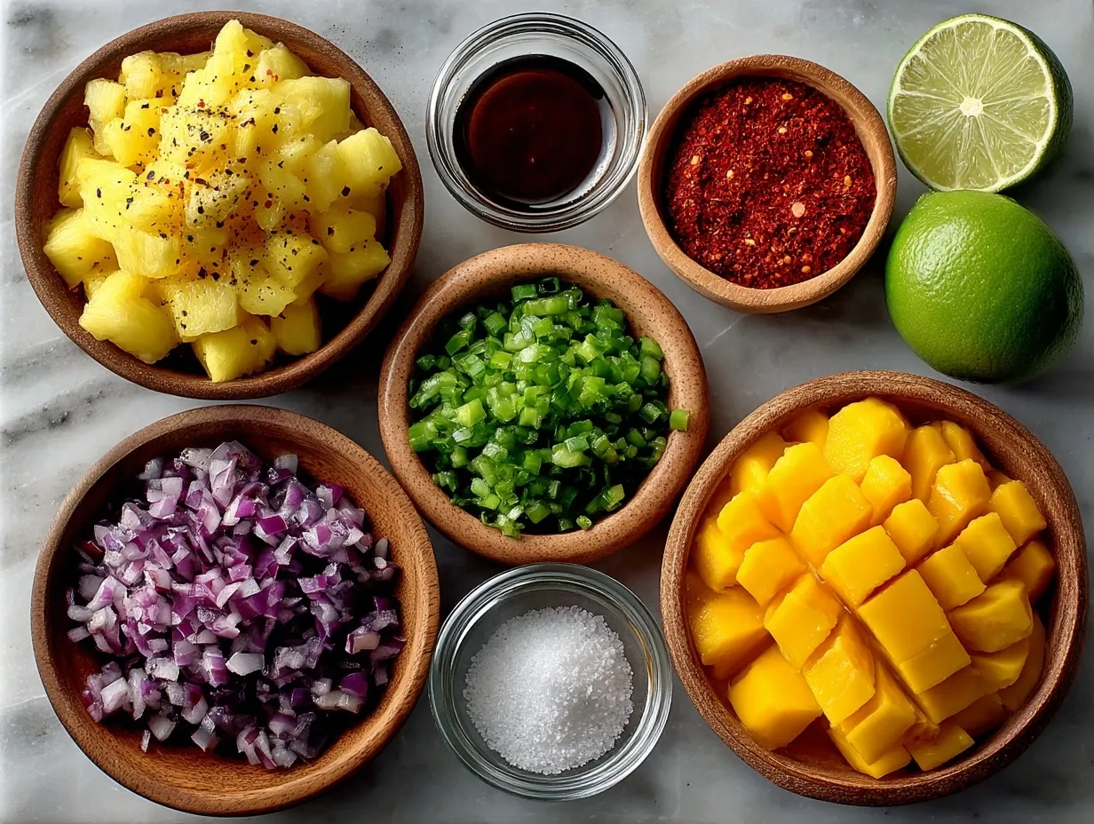 Fresh ingredients for mango salsa including mangoes, red onion, jalapeño, cilantro, and lime