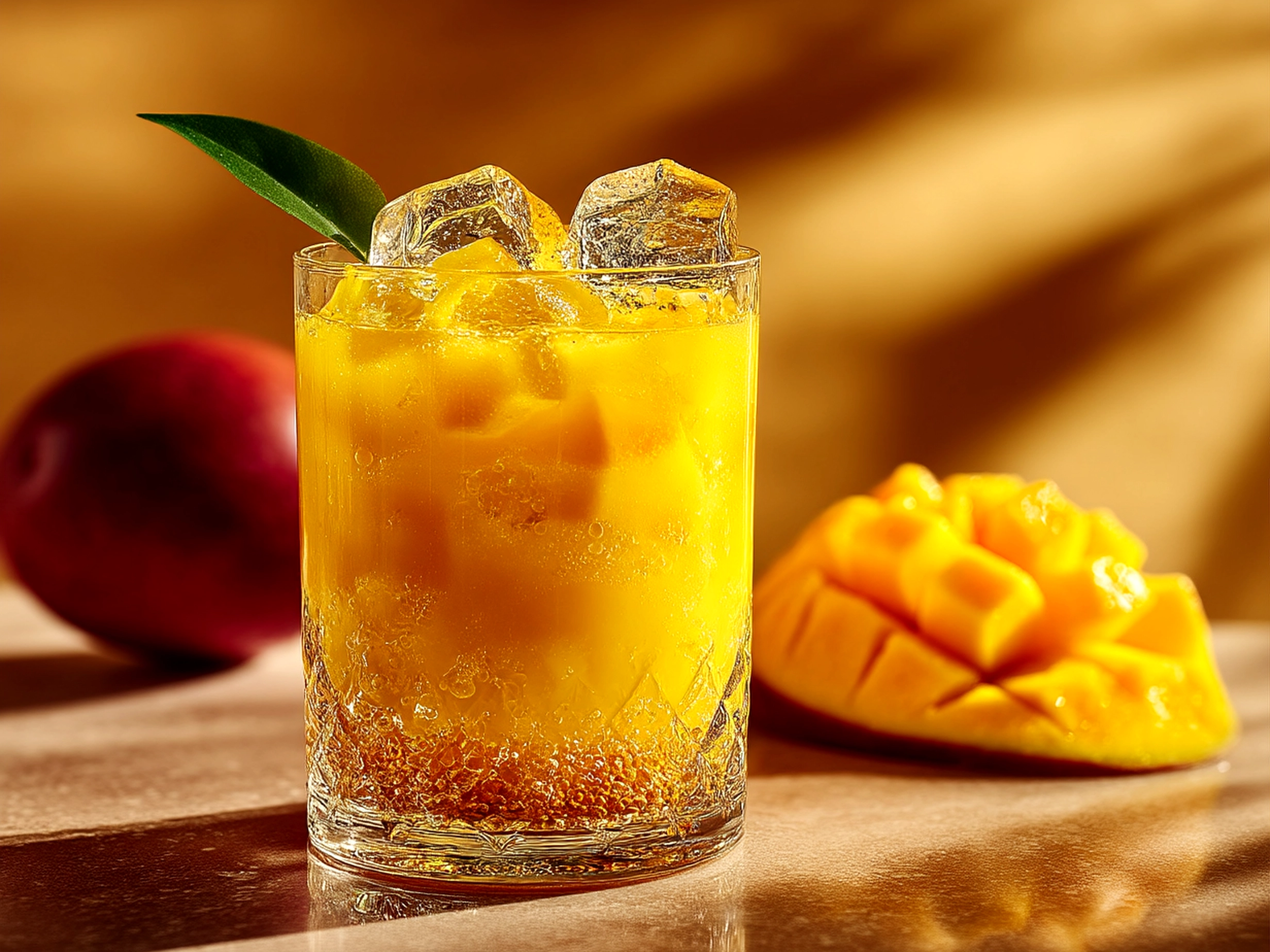 A tall glass of bright golden mango lemonade garnished with lemon wedge and mint leaves