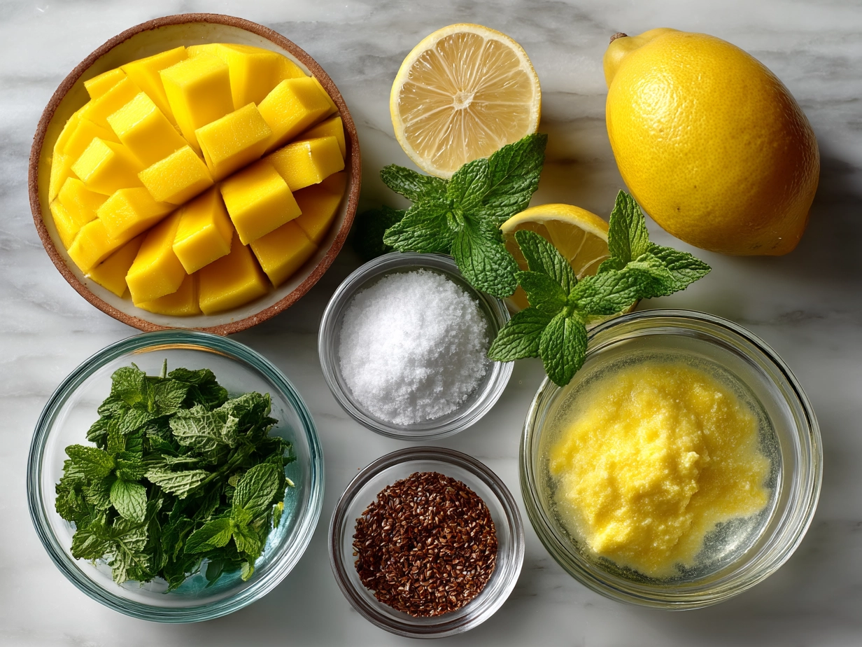 Ingredients for making Mango Lemonade showing ripe mangoes, lemons, sugar and water