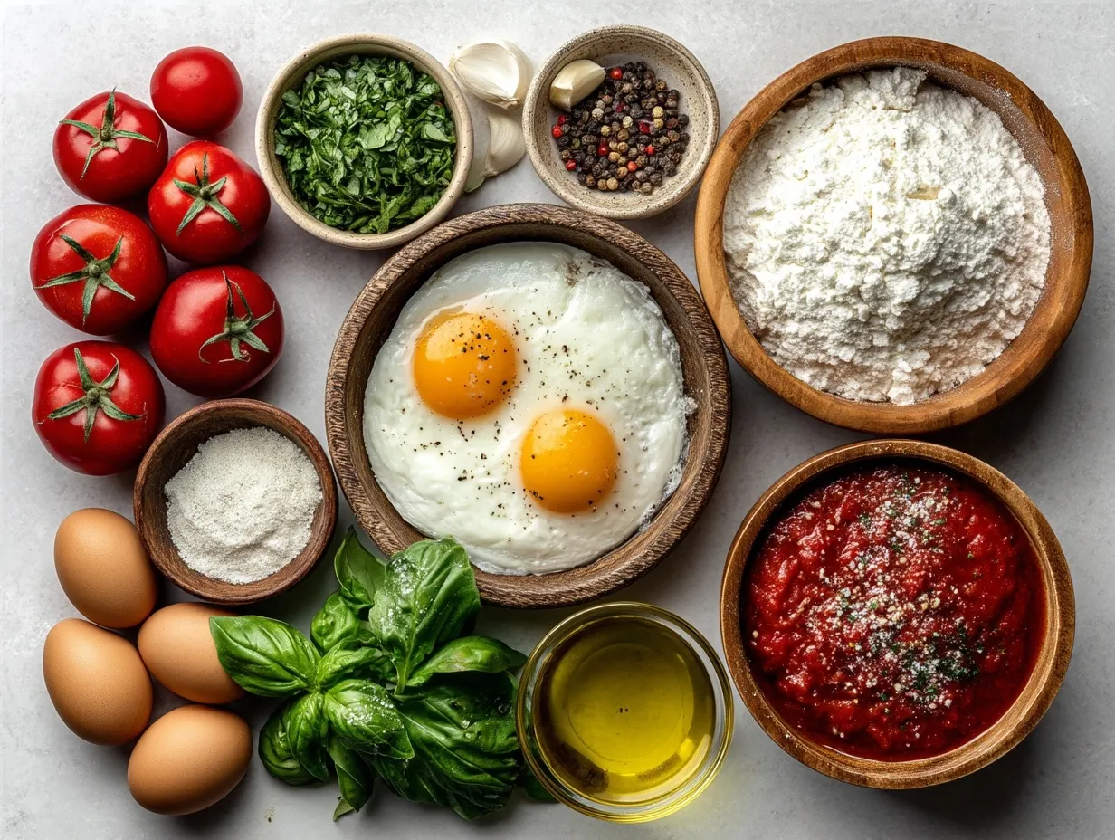 Ingredients for Margherita Grilled Pizza: fresh tomatoes, mozzarella, basil, and dough