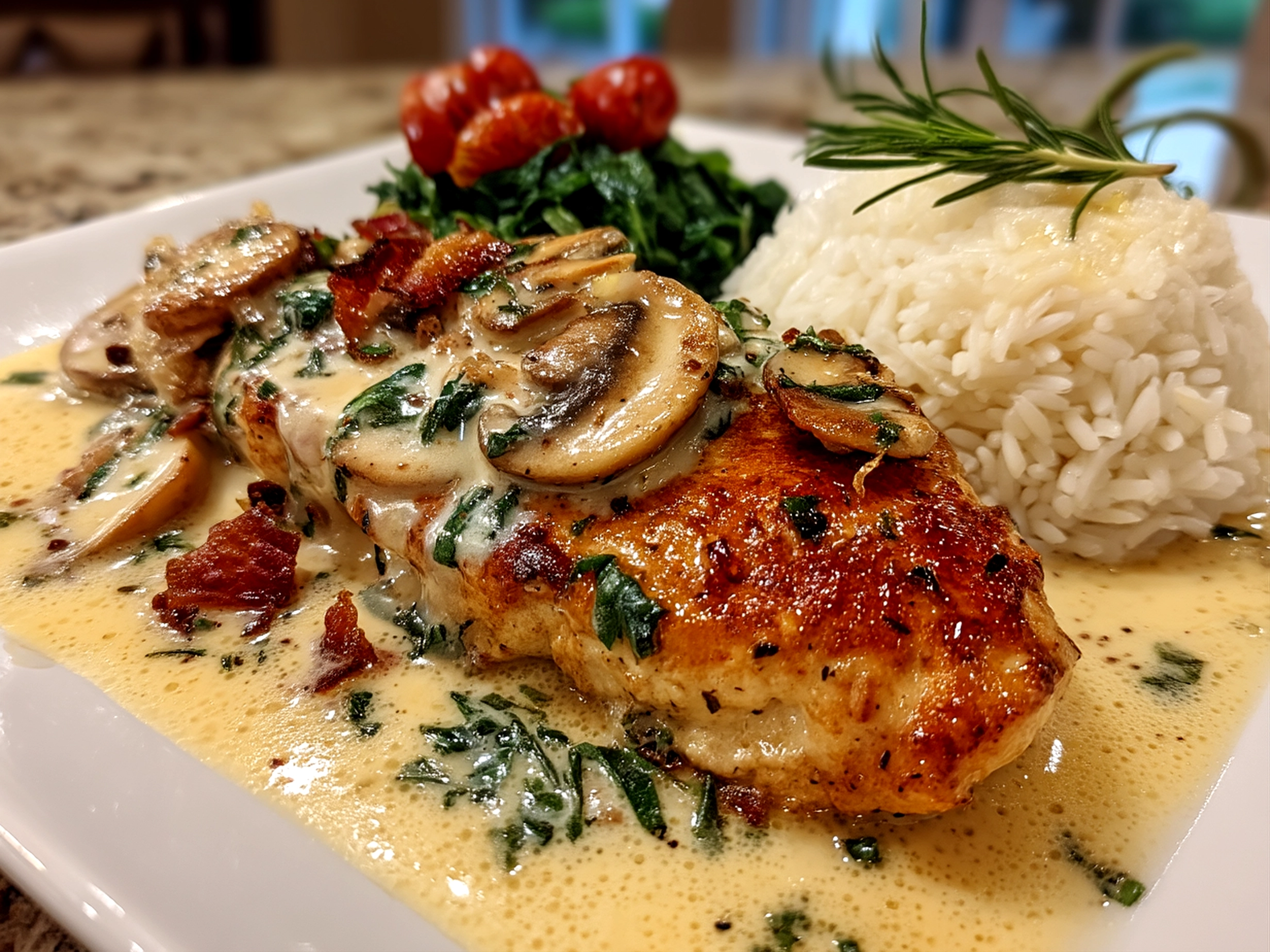 Creamy tomato Marry Me Chicken served on a plate with garnish