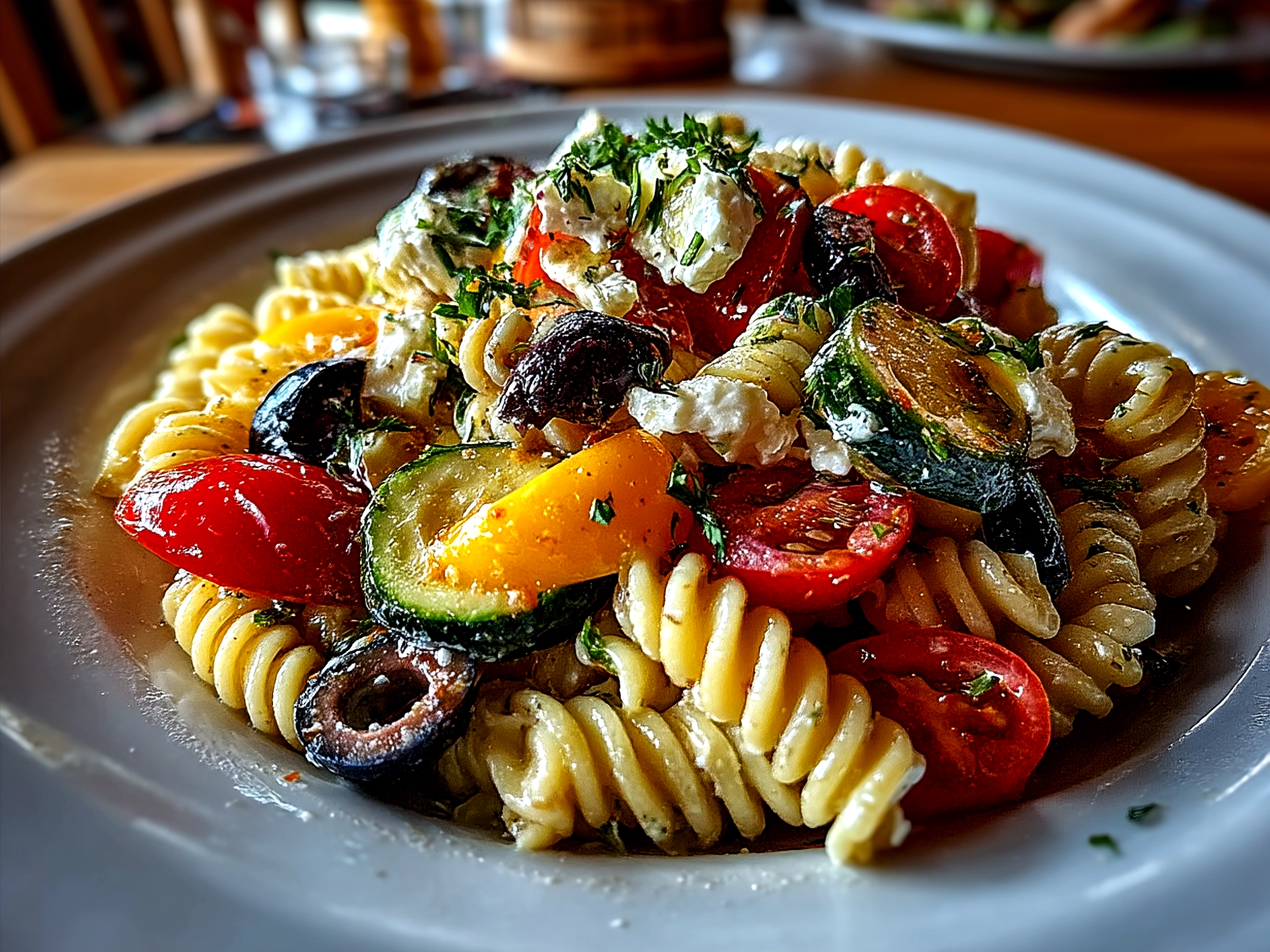 A beautifully presented Mediterranean pasta salad in a bowl garnished with olives and fresh herbs.