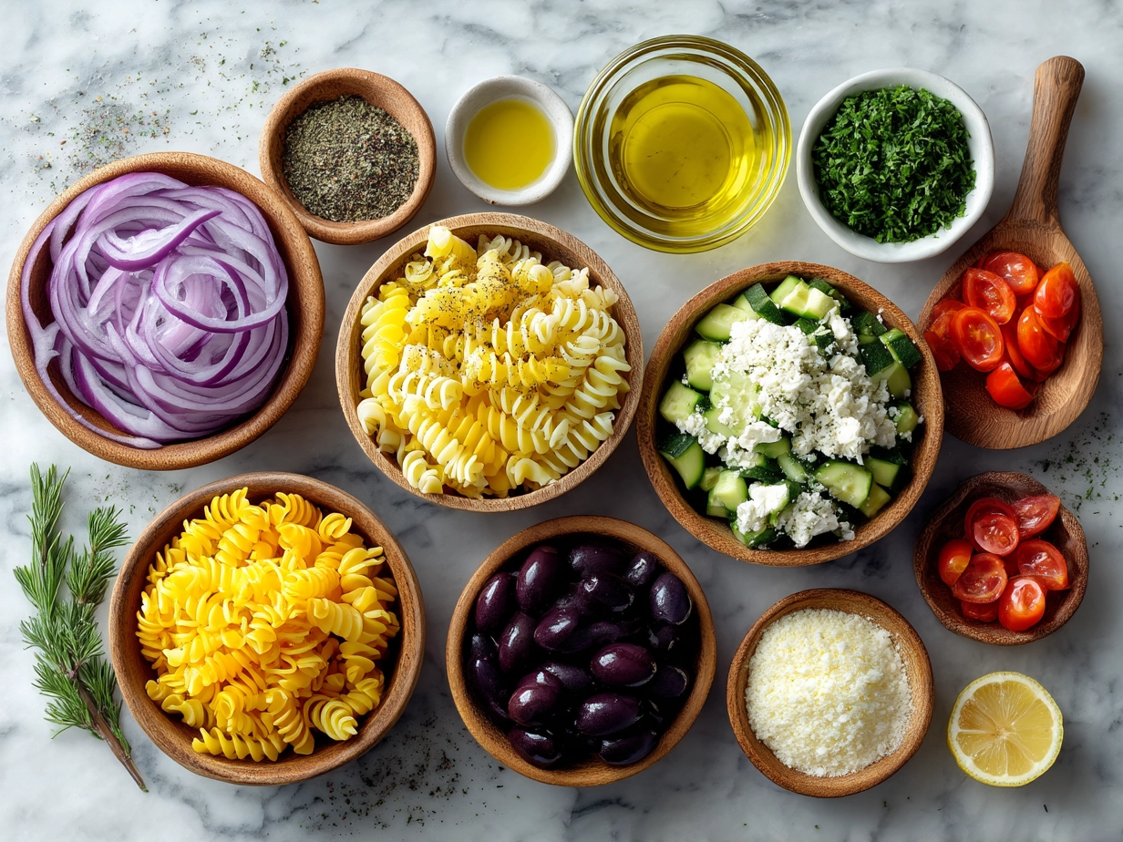 Ingredients for Mediterranean pasta salad including pasta, olives, cherry tomatoes, cucumbers, feta cheese, and herbs.