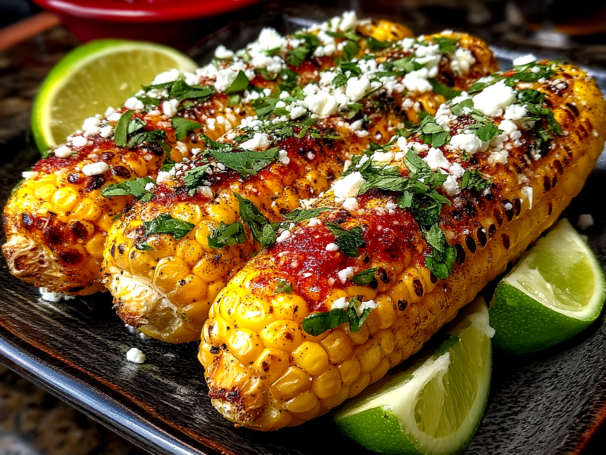 Beautifully plated Mediterranean Street Corn with fresh herbs and feta cheese