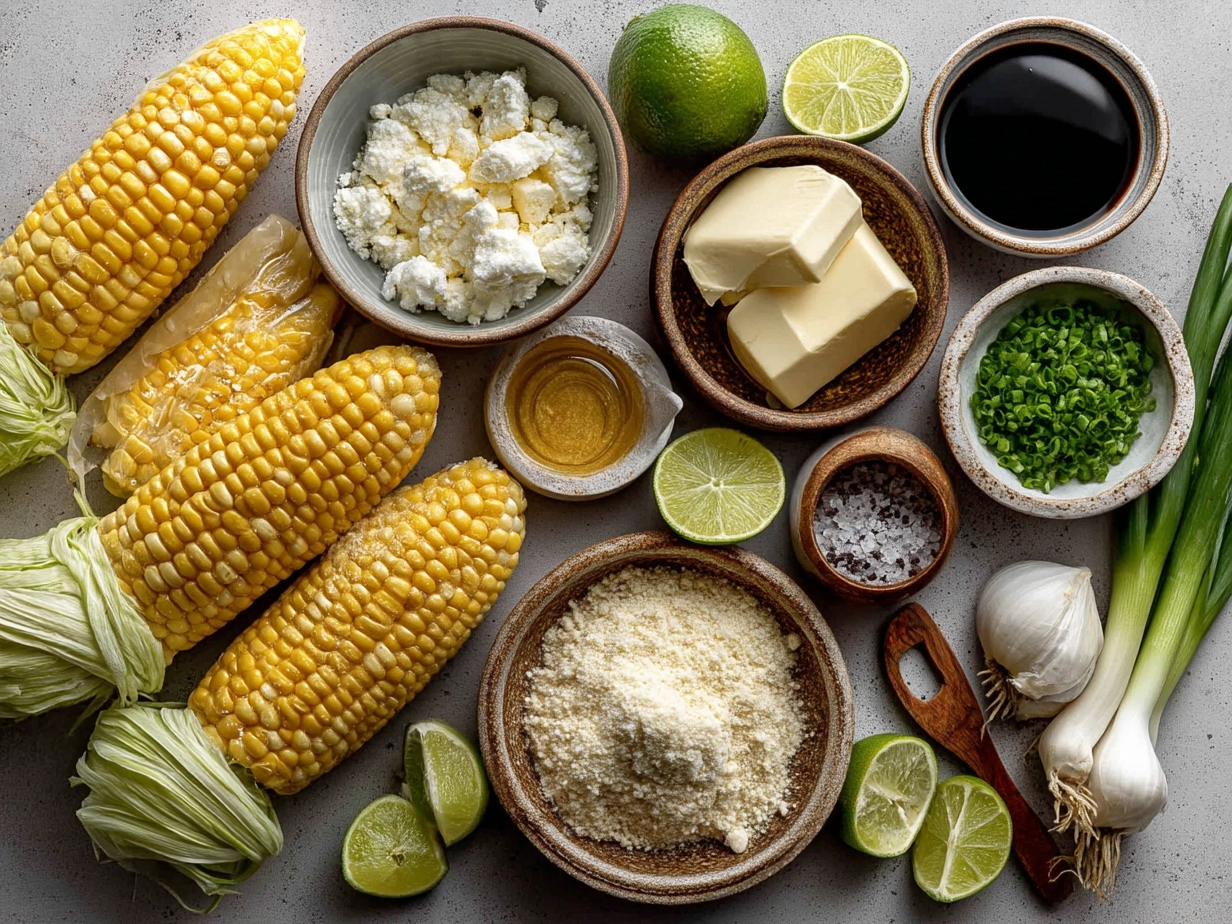 Ingredients for Mediterranean Street Corn including corn, Greek yogurt, feta cheese, olive oil, lemon, and spices