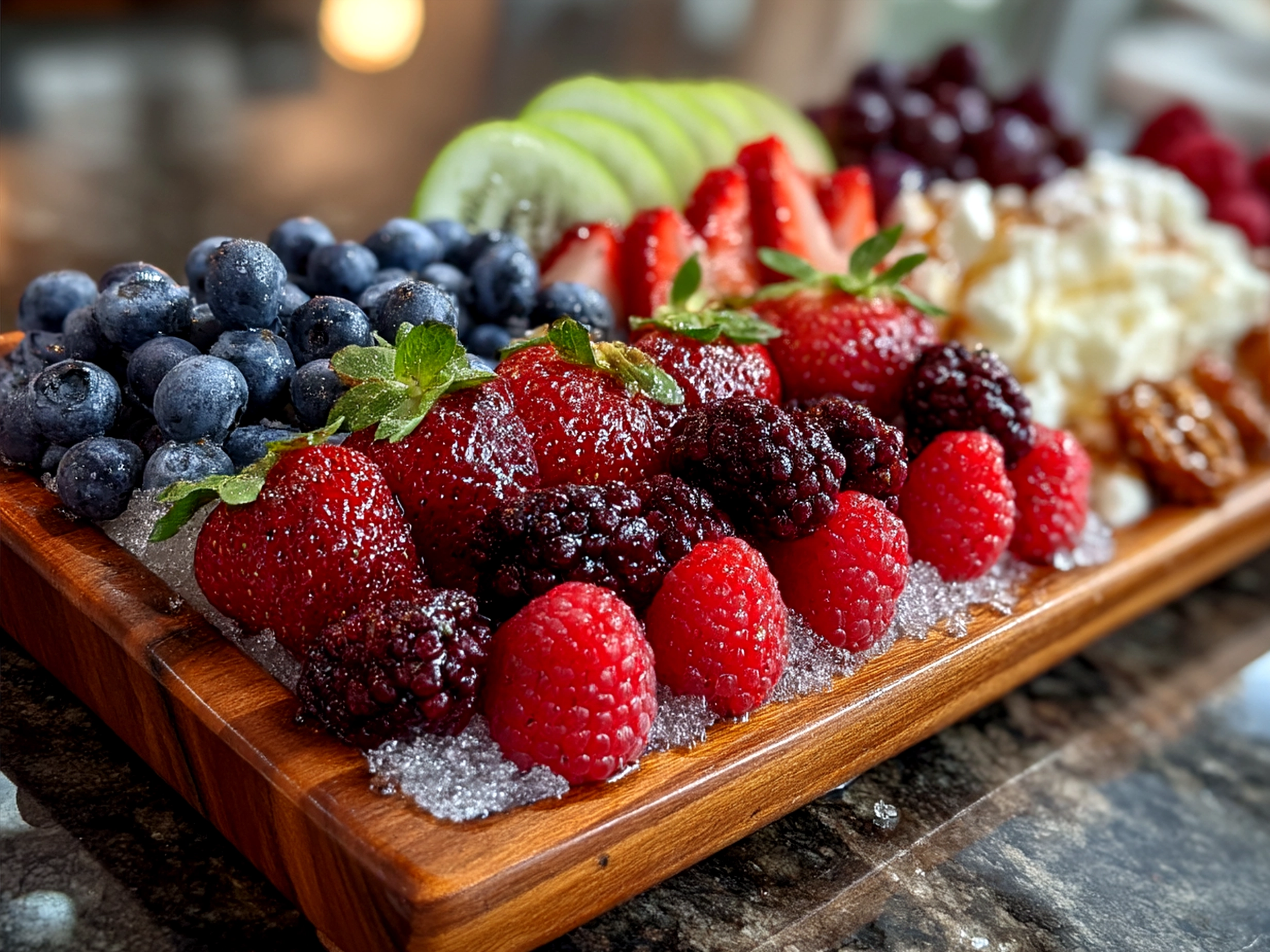 Finished Memorial Day dessert board showcasing a patriotic arrangement of berries, marshmallows, cookies, and dips