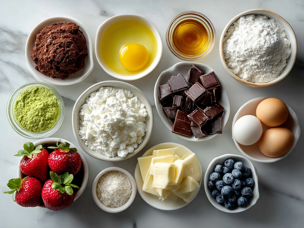 Ingredients laid out for a Memorial Day dessert board featuring strawberries, blueberries, marshmallows, cookies, and white chocolate chips