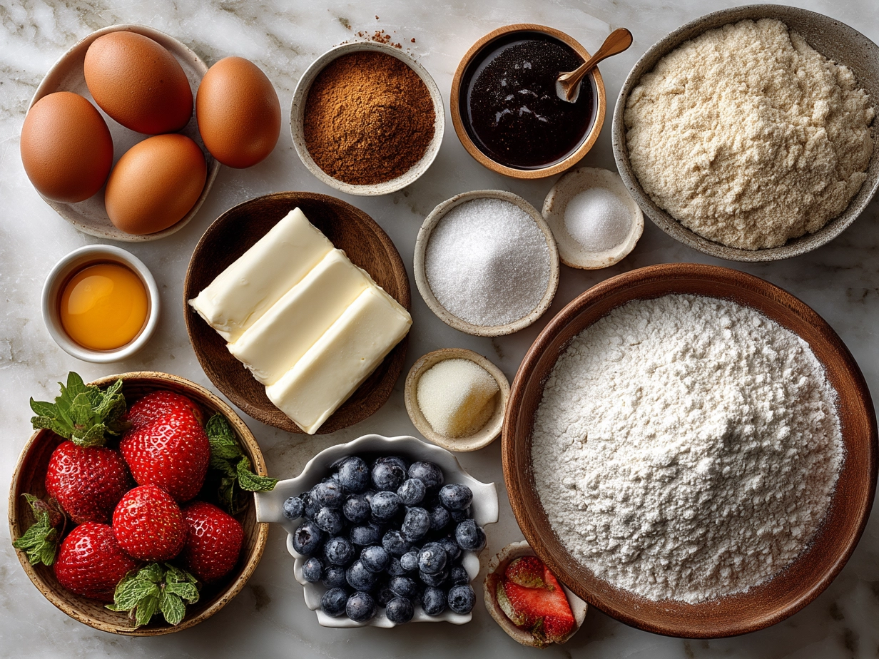 Ingredients for Memorial Day Flag Cake with fresh berries, cake mix, and frosting