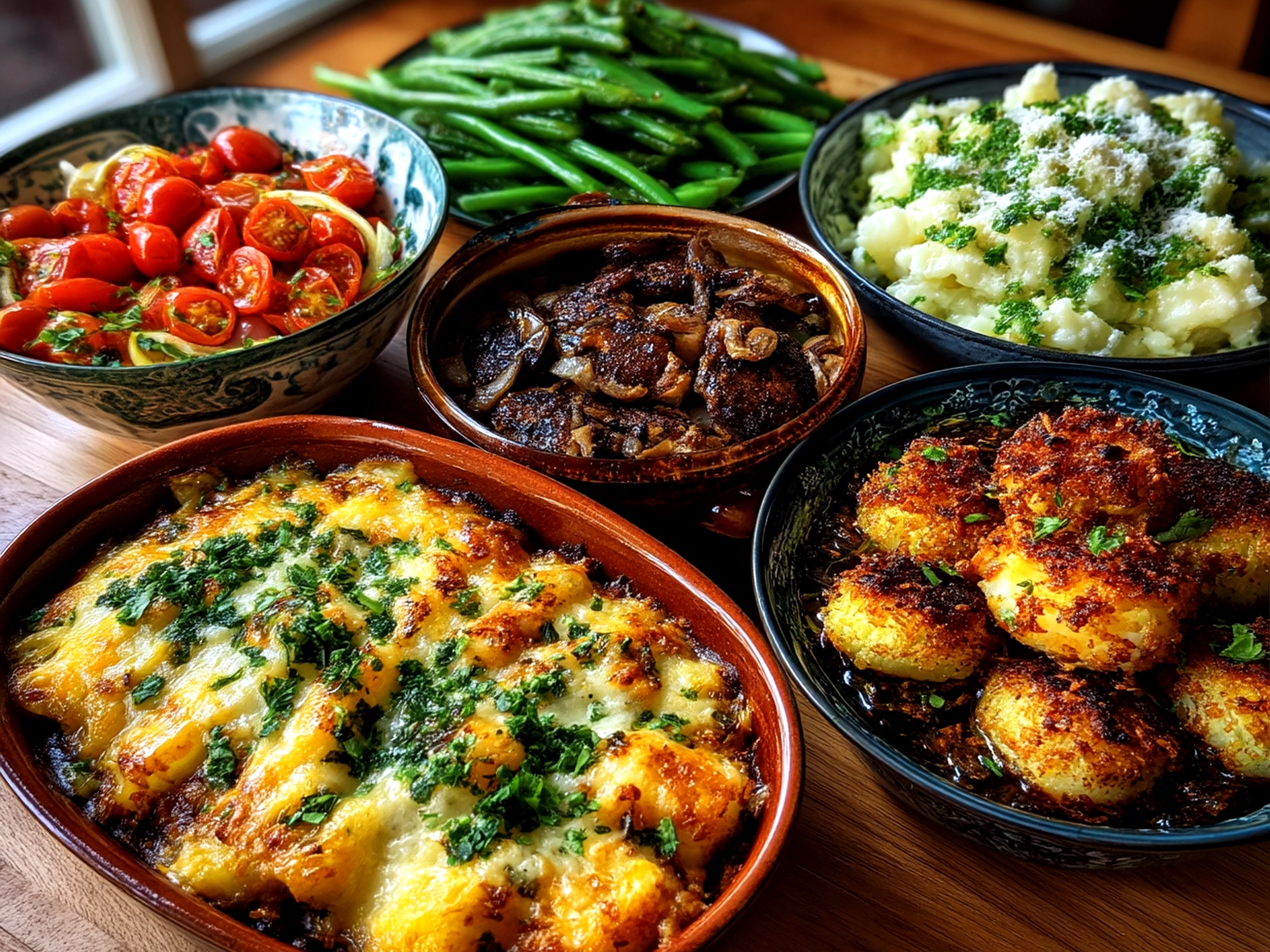 Beautifully presented Memorial Day side dishes on rustic serving dishes