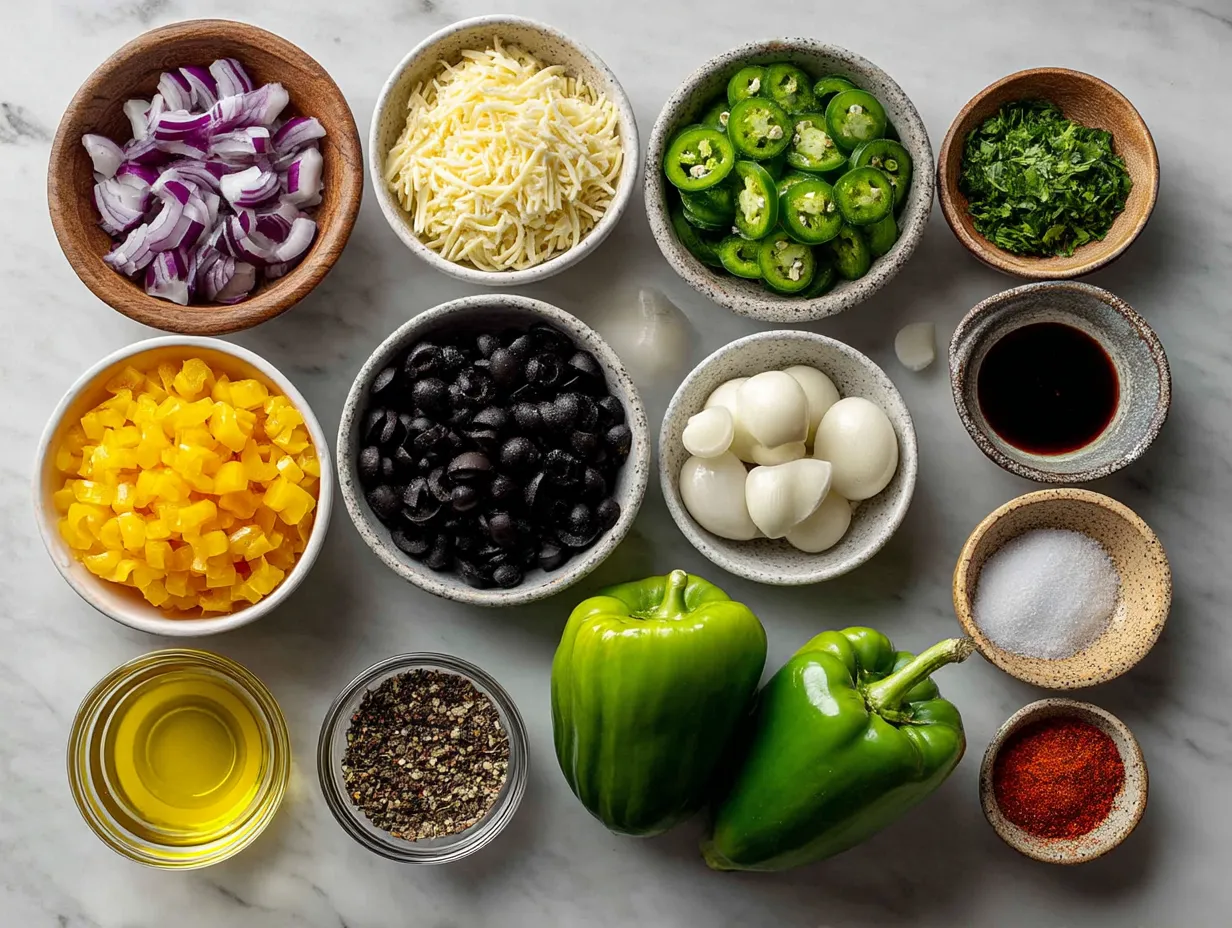 Ingredients for Mexican Pasta Salad including pasta, corn, black beans, peppers, and spices